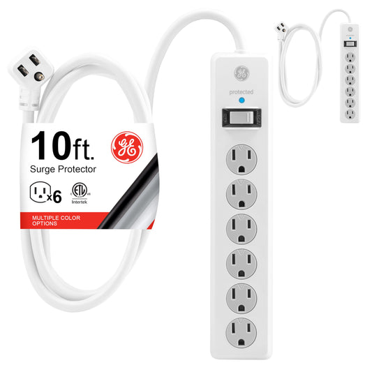 GE Tira Multicontactos De 6 Salidas Con Supresor De Picos Y Enchufe Plano, Cable De Extensión De 3.0 Metros (10 Pies),800 Julios, Cubiertas De Seguridad Con Giro Para Cerrar,Blanco,2 Unidades, 46862-1