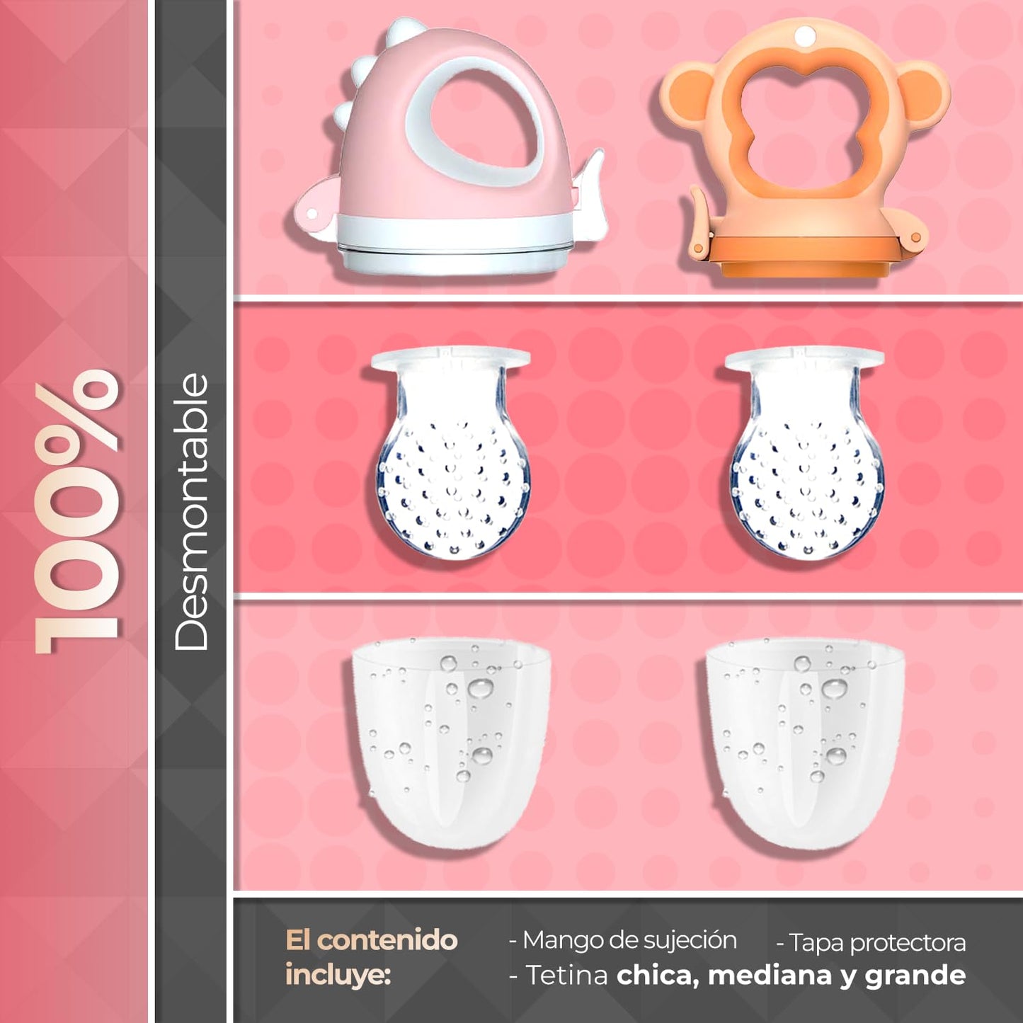 Chupones alimentadores para frutas y papillas con tapa libre de bpa, dibujos animados, 4m+ 2 piezas (monkey naranja y dino rosa)