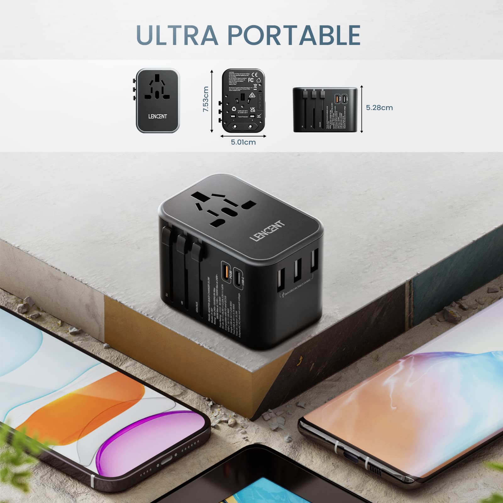 LENCENT Adaptador Universal de Viaje, Cargador Internacional con 3 Puertos USB & 2 PD USB-C, Adaptador Cargador Europeo con Enchufe Tipo A/C/G/I para USA/UE/Reino Unido/Australia/Argentina/China