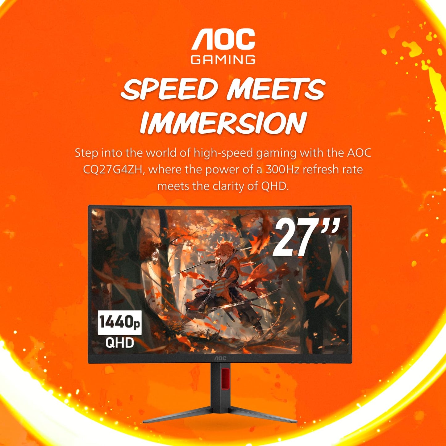 AOC CQ27G4ZH - Monitor curvado para juegos de 27 pulgadas, QHD 2K 2560 x 1440, 1500R VA, 300Hz 0.3ms, HDMI x2, DP x1, soporte ajustable en altura, compatible con interruptor Xbox PS5, 3 años de punto