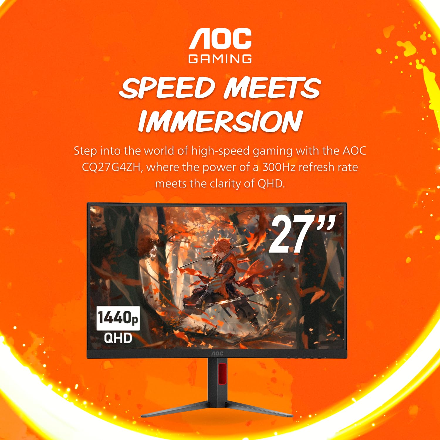 AOC CQ27G4ZH - Monitor curvado para juegos de 27 pulgadas, QHD 2K 2560 x 1440, 1500R VA, 300Hz 0.3ms, HDMI x2, DP x1, soporte ajustable en altura, compatible con interruptor Xbox PS5, 3 años de punto
