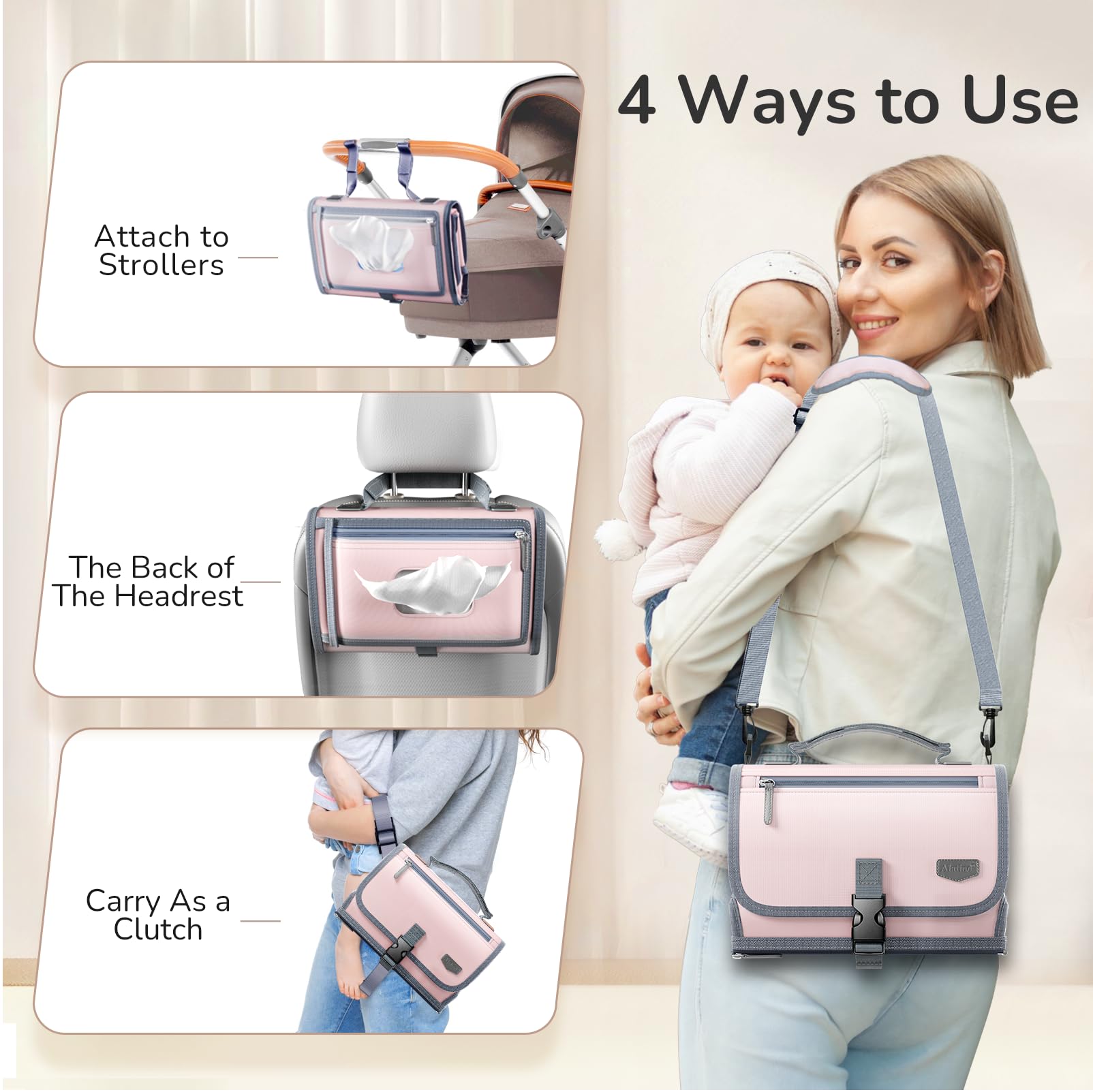Cambiador portátil de pañales con correa para el hombro, cambiador de viaje desmontable con bolsillo para toallitas para bebé, regalos para baby shower, niñas recién nacidas y niños (rosa)
