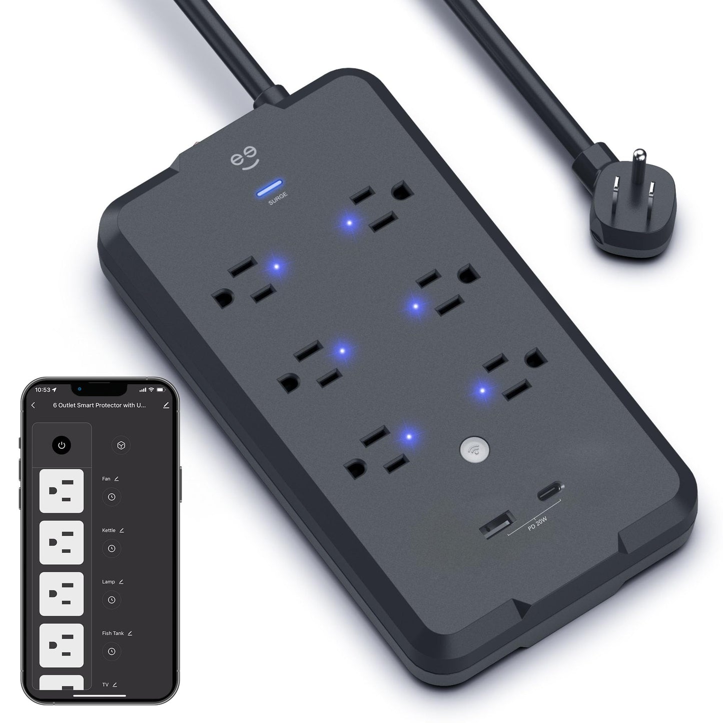 Geeni Surge Smart Power Strip, 6 tomacorrientes con 2 puertos USB, protección contra sobretensiones 12000J, monitoreo de energía, control de voz compatible con Alexa y Google Assistant, control remoto