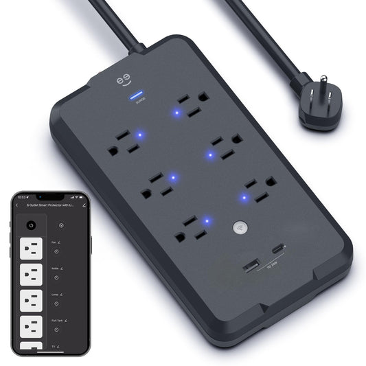 Geeni Surge Smart Power Strip, 6 tomacorrientes con 2 puertos USB, protección contra sobretensiones 12000J, monitoreo de energía, control de voz compatible con Alexa y Google Assistant, control remoto