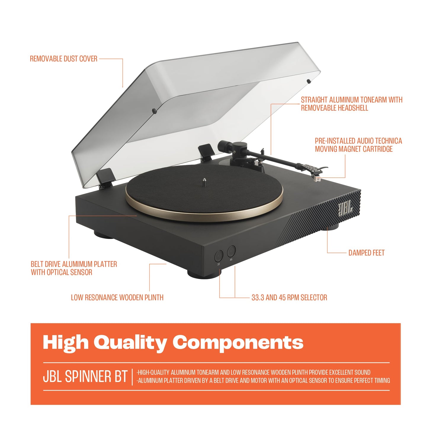 JBL Spinner BT - Bluetooth con Placa giratoria AptX-HD™, componentes, Carcasa extraíble, Plato de Aluminio y transmisión por Correa, Cartucho de imán móvil preinstalado (Dorado)