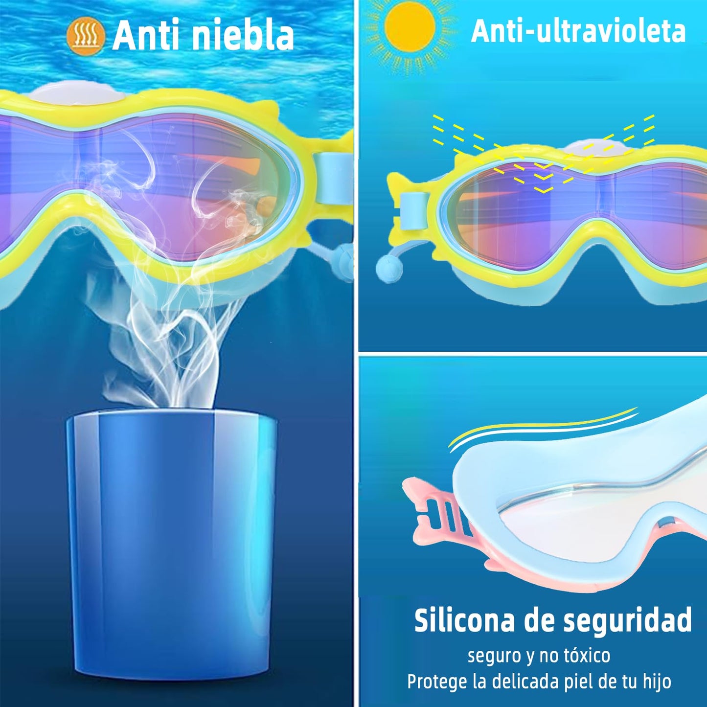 Gafas de Natación para niños 2 unidades,Lentes de Natación de visión amplia con tapones para los oídos,con protección UV y antivaho, sin Fugas, adecuadas para niños de 3 a 15 años