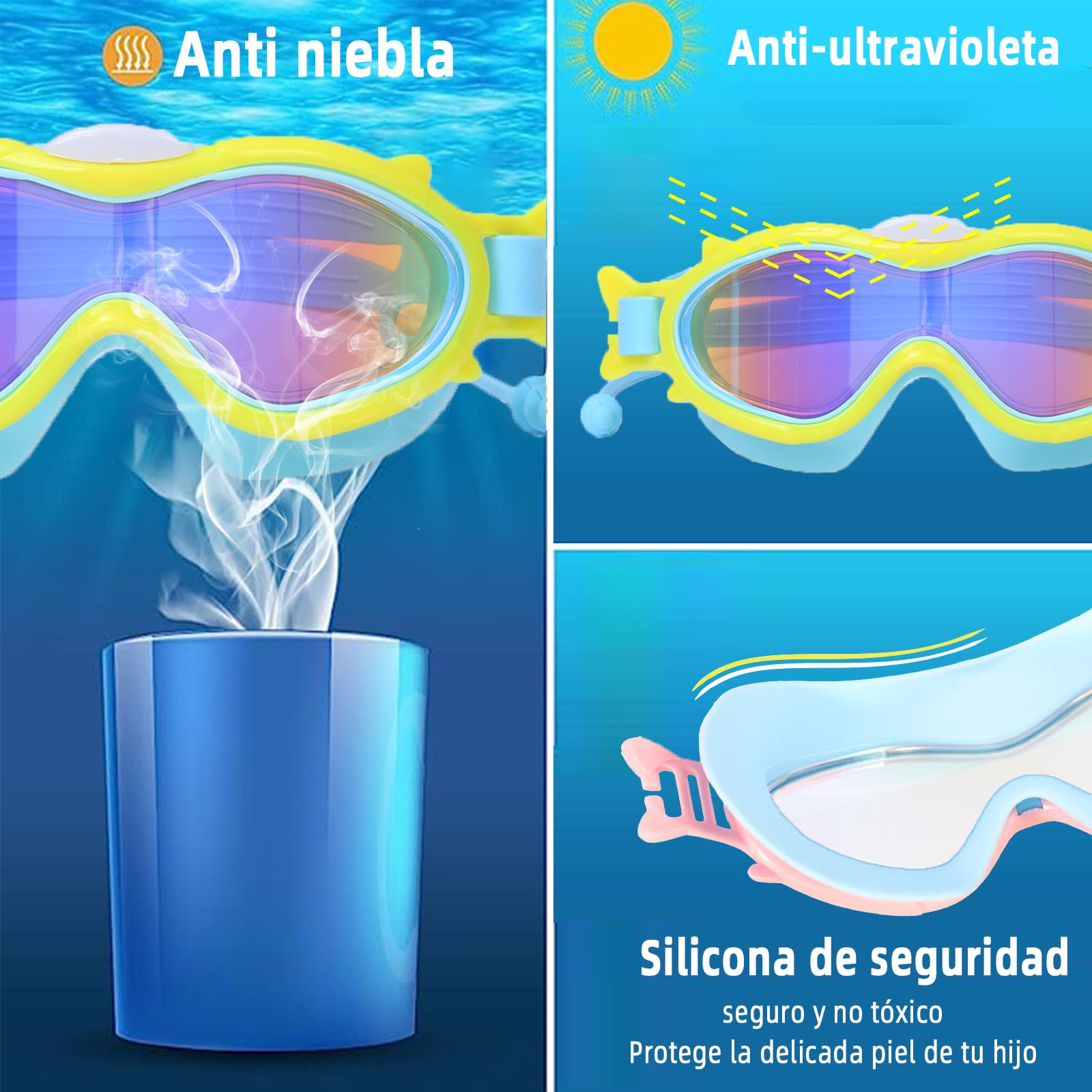 Gafas de Natación para niños 2 unidades,Lentes de Natación de visión amplia con tapones para los oídos,con protección UV y antivaho, sin Fugas, adecuadas para niños de 3 a 15 años
