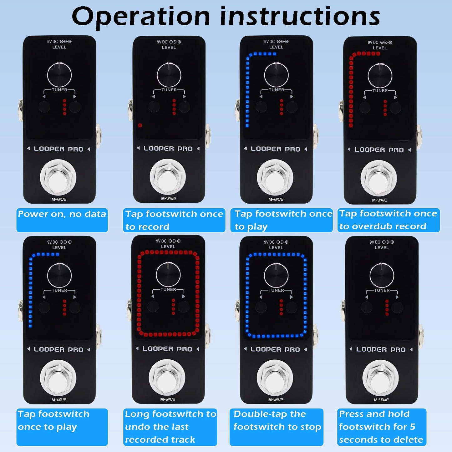M-VAVE Loop Pedal Pro - 40 minutos de tiempo de bucle 9 bucles Pedal profesional de guitarra con sintonizador para guitarra eléctrica, bucle de un solo paso, overdubs ilimitados deshacer rehacer