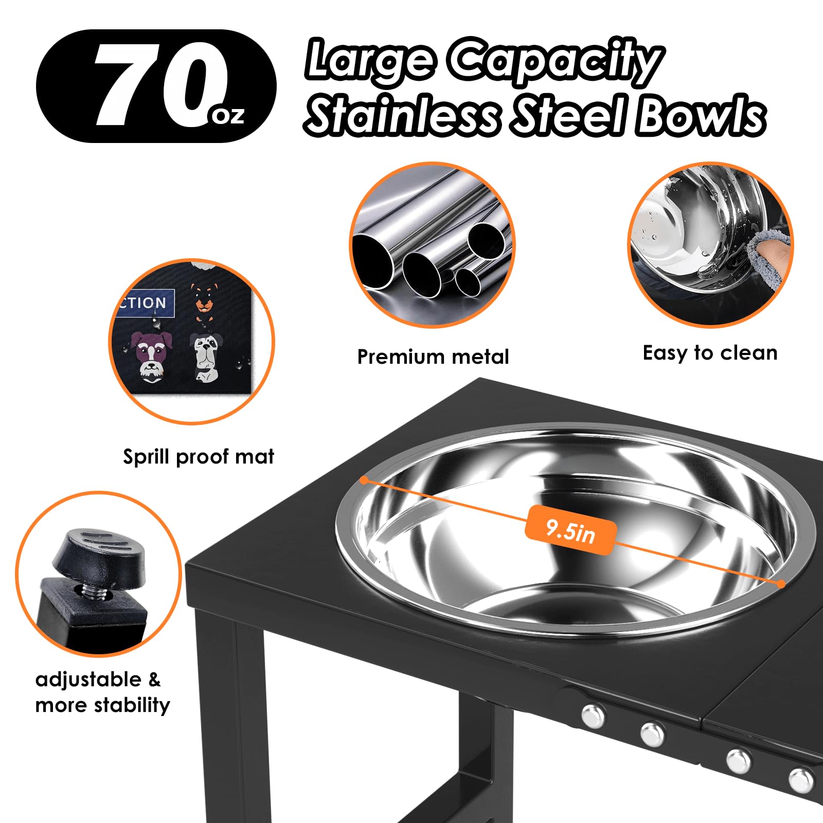 Soporte Elevado de Metal ADENGL Negro con Cuencos Fuertes y Tapete para Perros Grandes