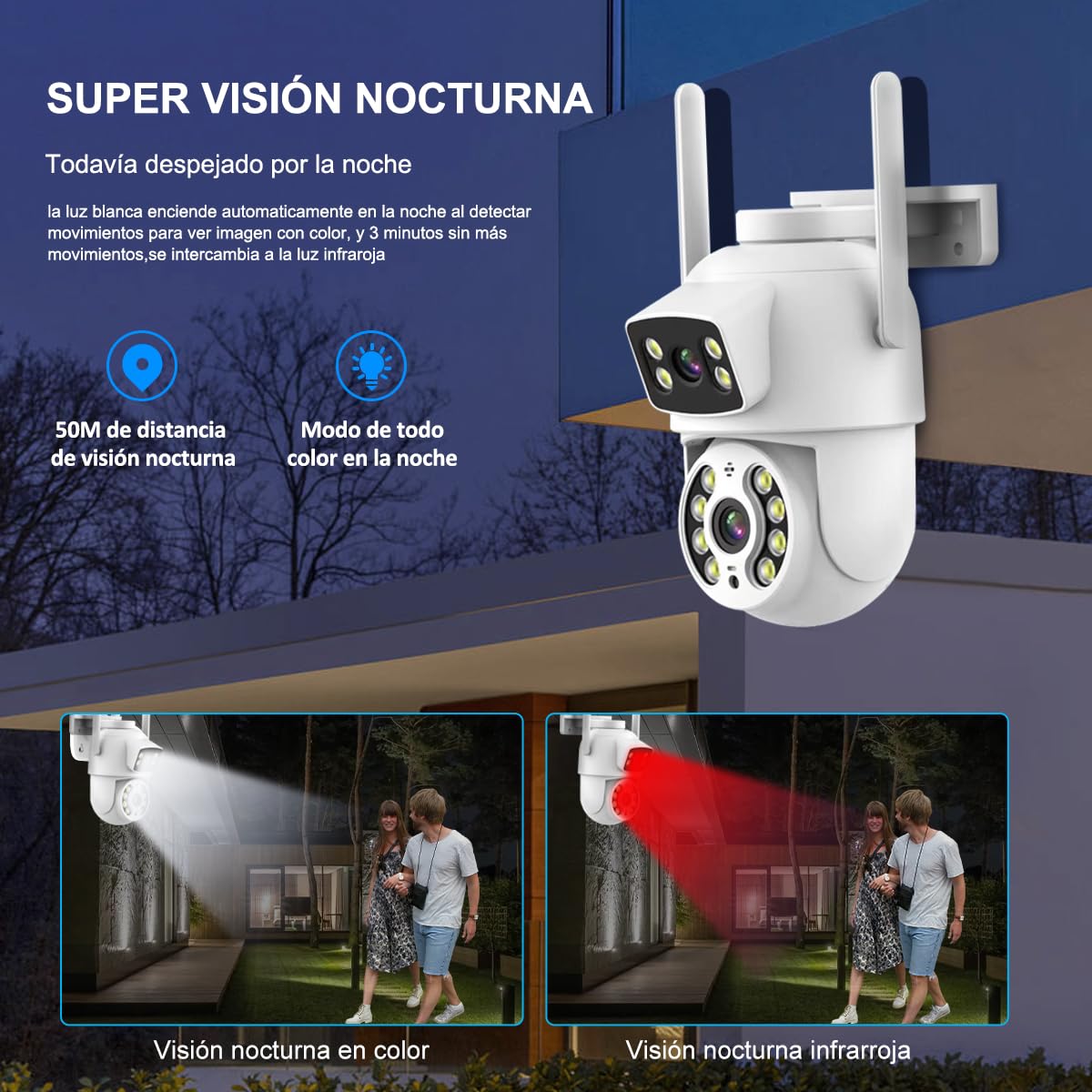Cámara de Seguridad Exterior EASYTAO 2K 3MP Wifi Doble Lente IP66 con Audio Bidireccional y Visión Nocturna Compatible Alexa
