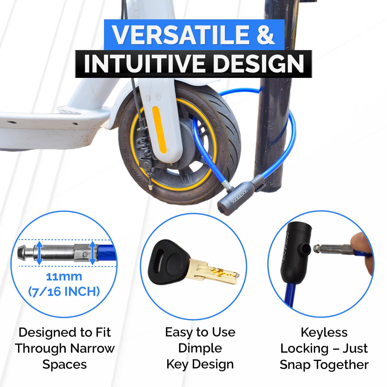 DocksLocks - Juego de bloqueo de cable para bicicleta con cerradura de llave, soporte de montaje, seguridad antirrobo portátil y compacto para bicicletas, scooters y más de 4 pies