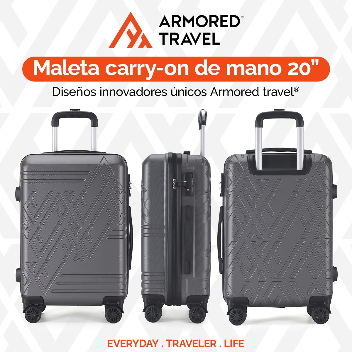 Maleta De Viaje Carry On 20" de Mano Cabina 10kg Rígida Doble Refuerzo Con * TSA Lock * Luggage suitcase Armored Travel (Gris)