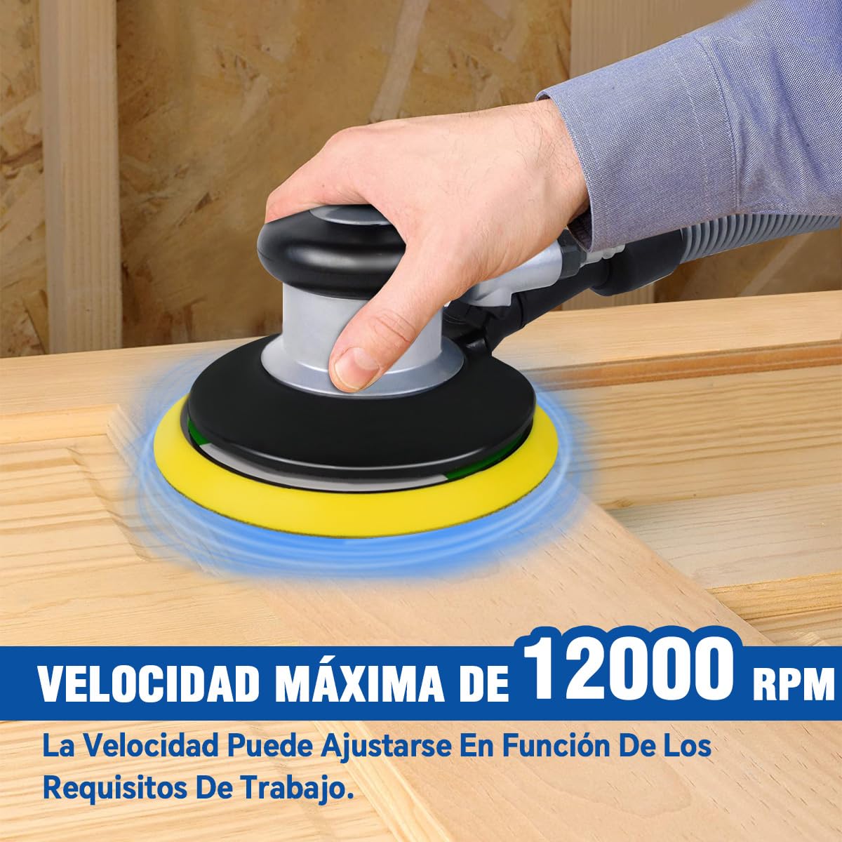 Lijadora Orbital Neumática 6'' Pulgadas, Lijadora Orbital Industrial Aleatoria Palma de Aire 12000 RPM con 6 Papeles de Lija Para Pulidor de Madera de Metal y Trabajo de Carrocería de Auto