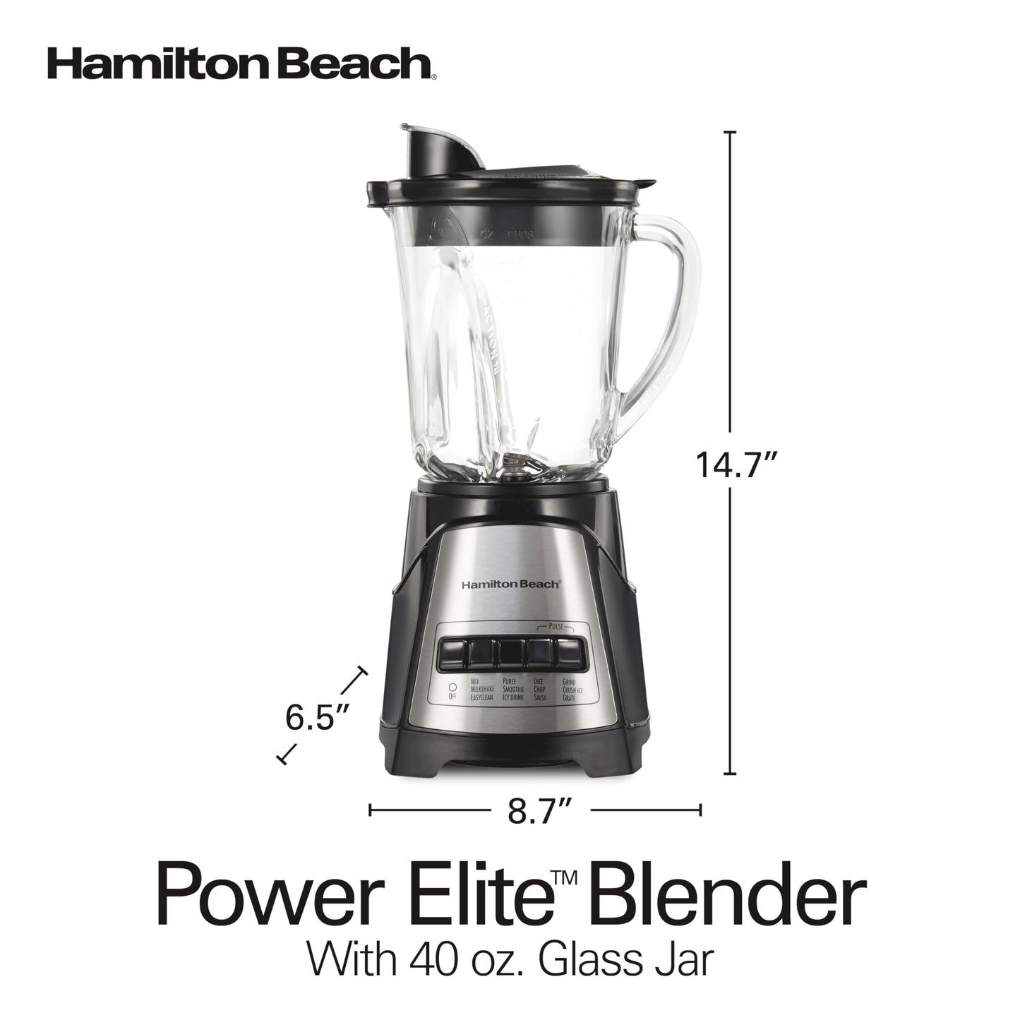 Hamilton Beach - Licuadora multifunción Power Elite 58148 con tarro de vidrio (58148A), OSFA, negra