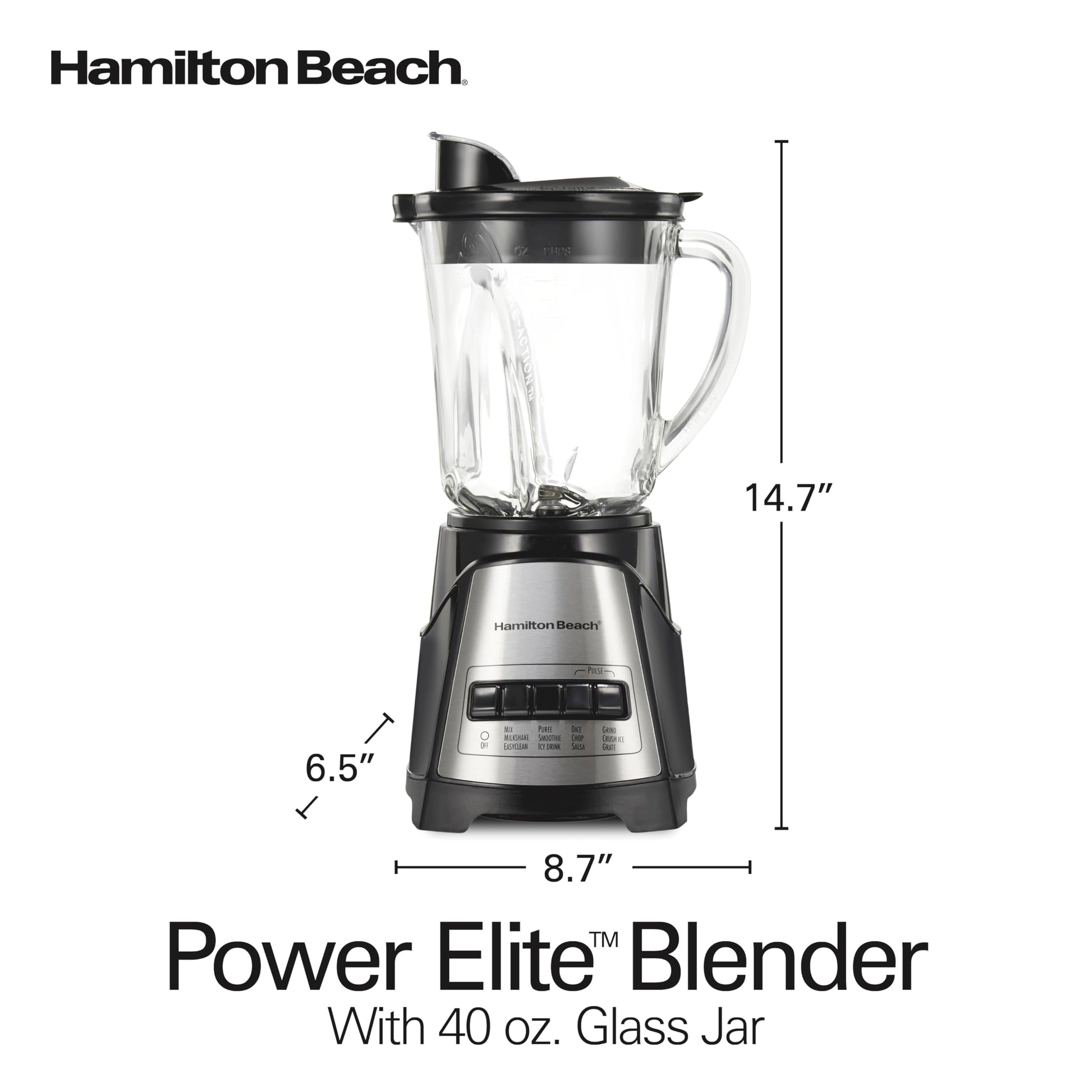 Hamilton Beach - Licuadora multifunción Power Elite 58148 con tarro de vidrio (58148A), OSFA, negra