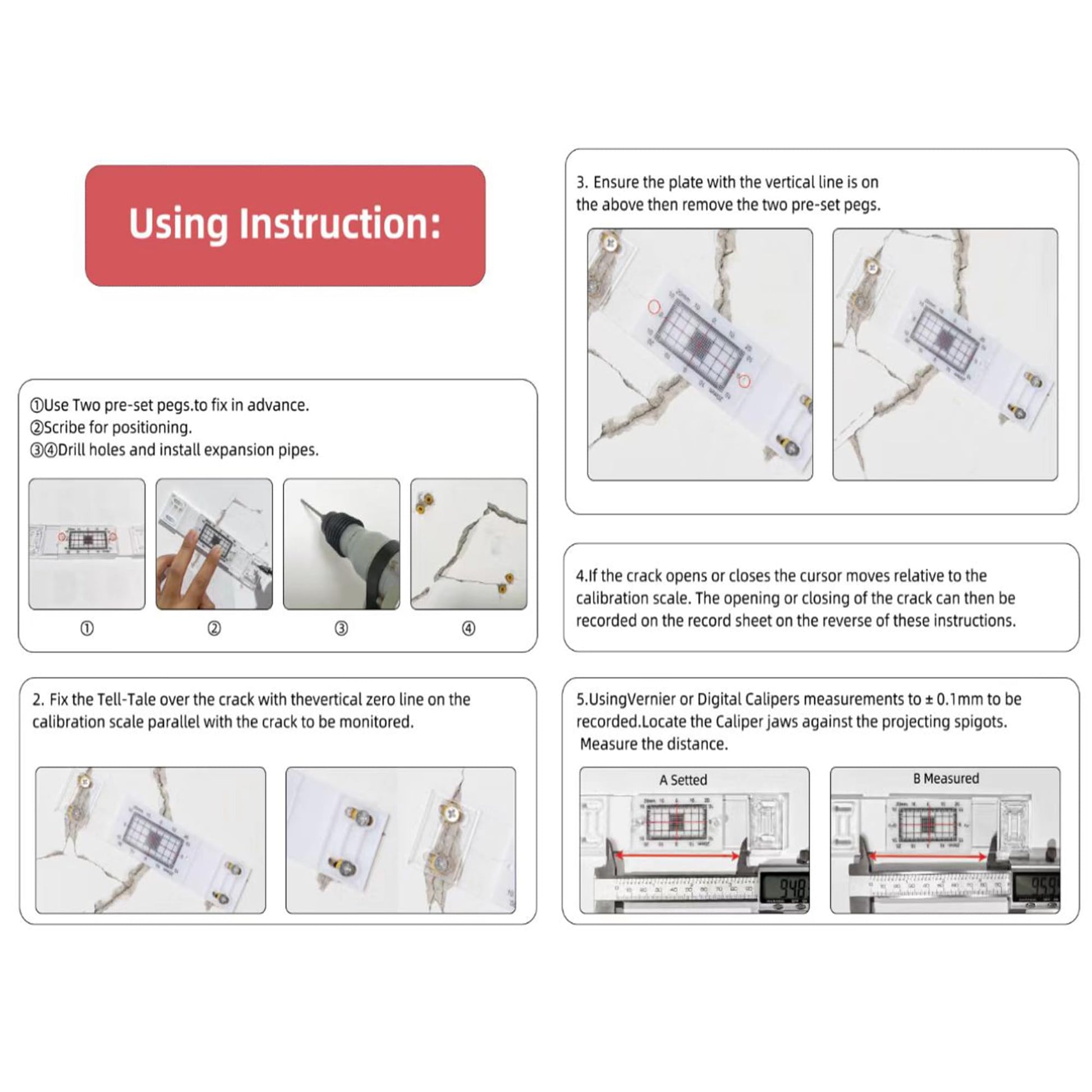 Instrumento de Medición de Grietas con Adaptador Fijo Actualizado Monitor de Deformación de Pared