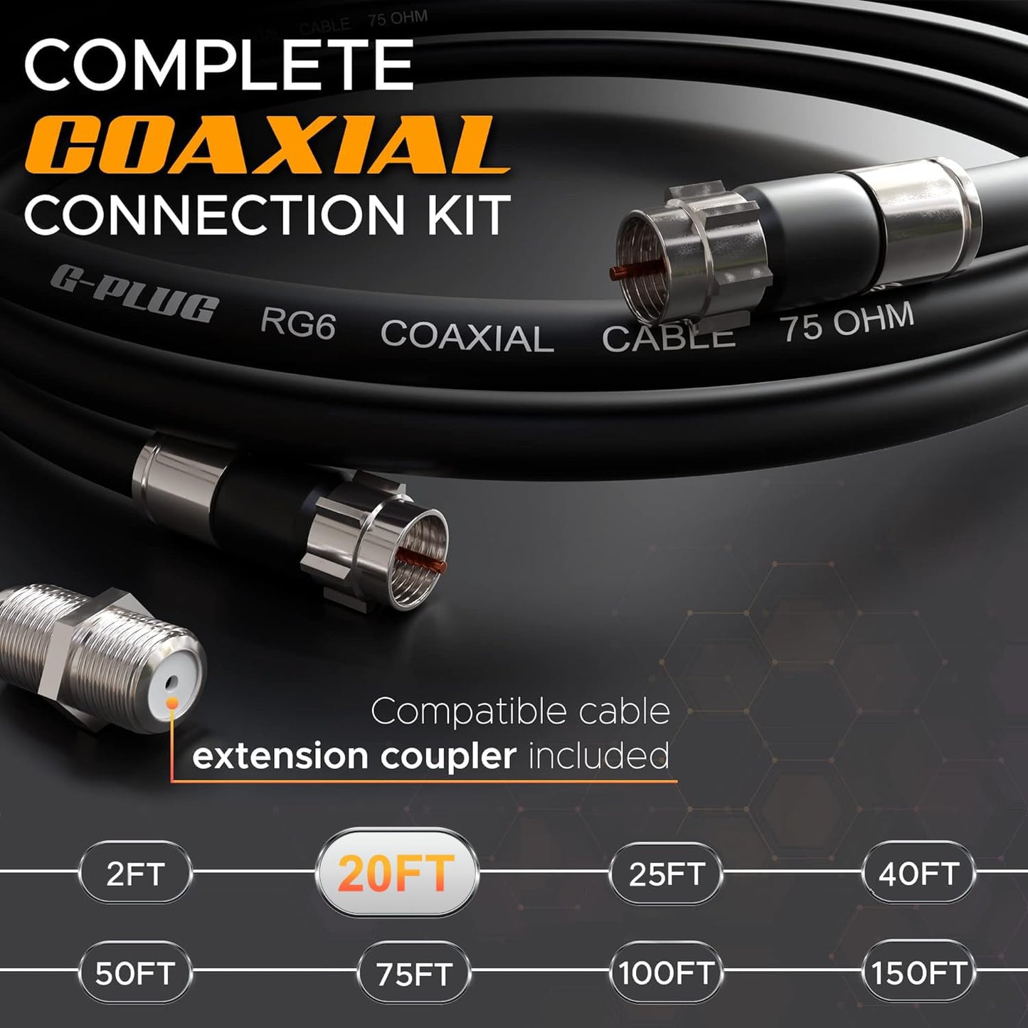 G-PLUG Cable Coaxial RG6 75 Ohm, Triple Blindaje, Conectores F Tipo Macho a Macho, Cable Antena TV, Satelital e Internet Banda Ancha, Incluye Acoplador F81, Negro