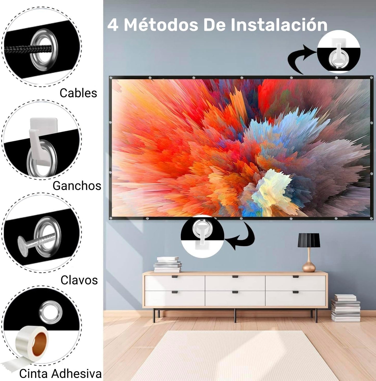 CHUCI-visualización de proyector de 120 Pulgadas, 16:9 HD Pantalla de Proyector Portátil,Plegable portátil, para Exteriores, Interior y Cine en casa(Gancho y Cuerda incluidos)