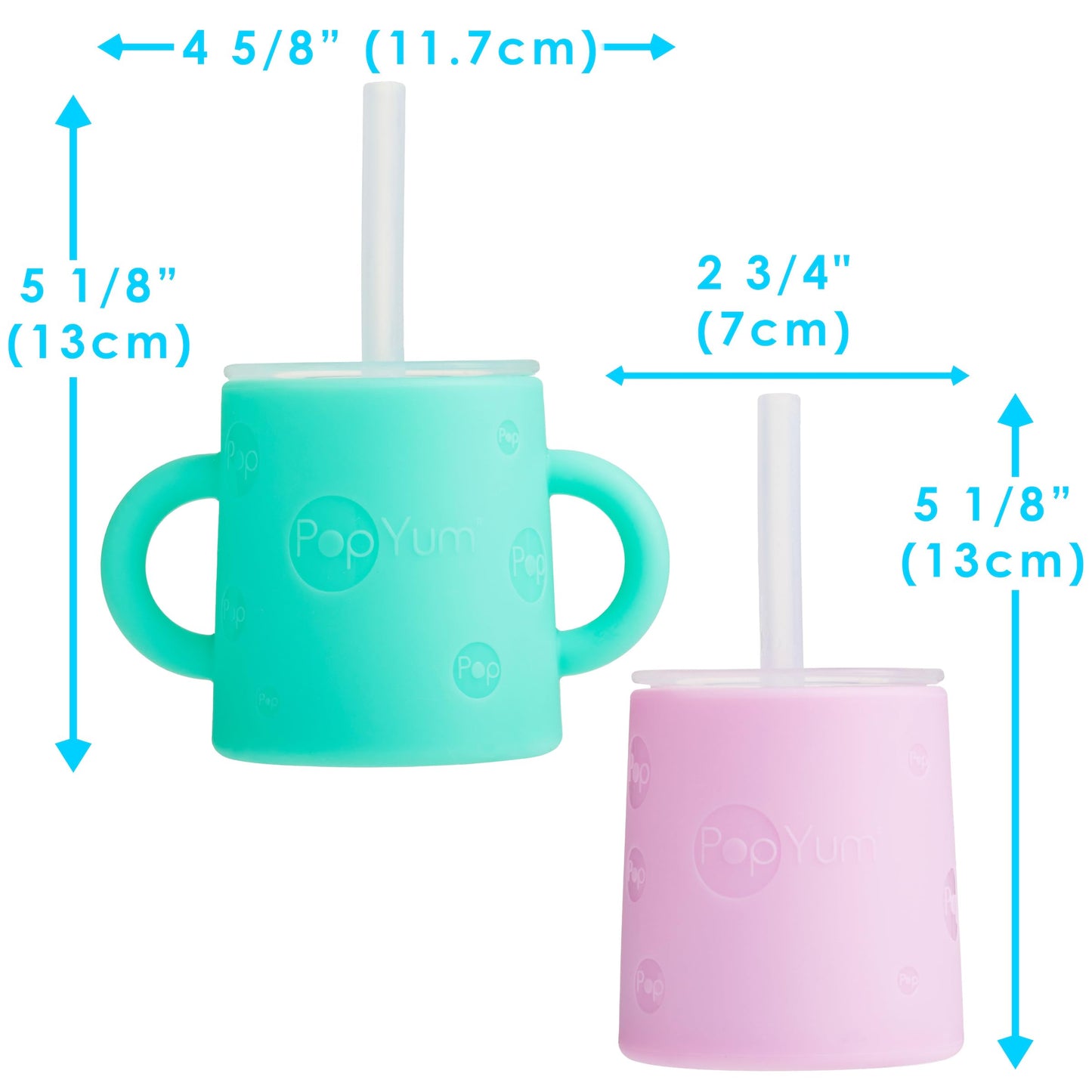 PopYum Taza de Entrenamiento de Silicona con Pajita + Tapa, Paquete de 2 para Bebé, Infante y Niño Pequeño, Vaso, Sippy, Asas, 5 Onzas (verde, rosa)