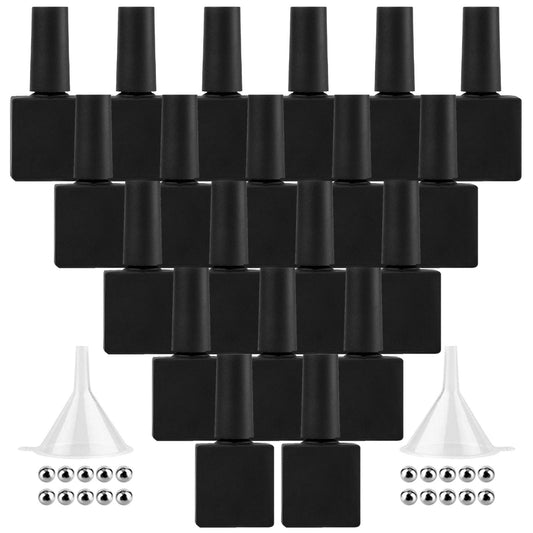 GTHER 20 botellas vacías de esmalte de uñas, botellas de vidrio rellenables, frascos con tapa de cepillo y embudo y bolas de mezcla, color negro (10 ml)