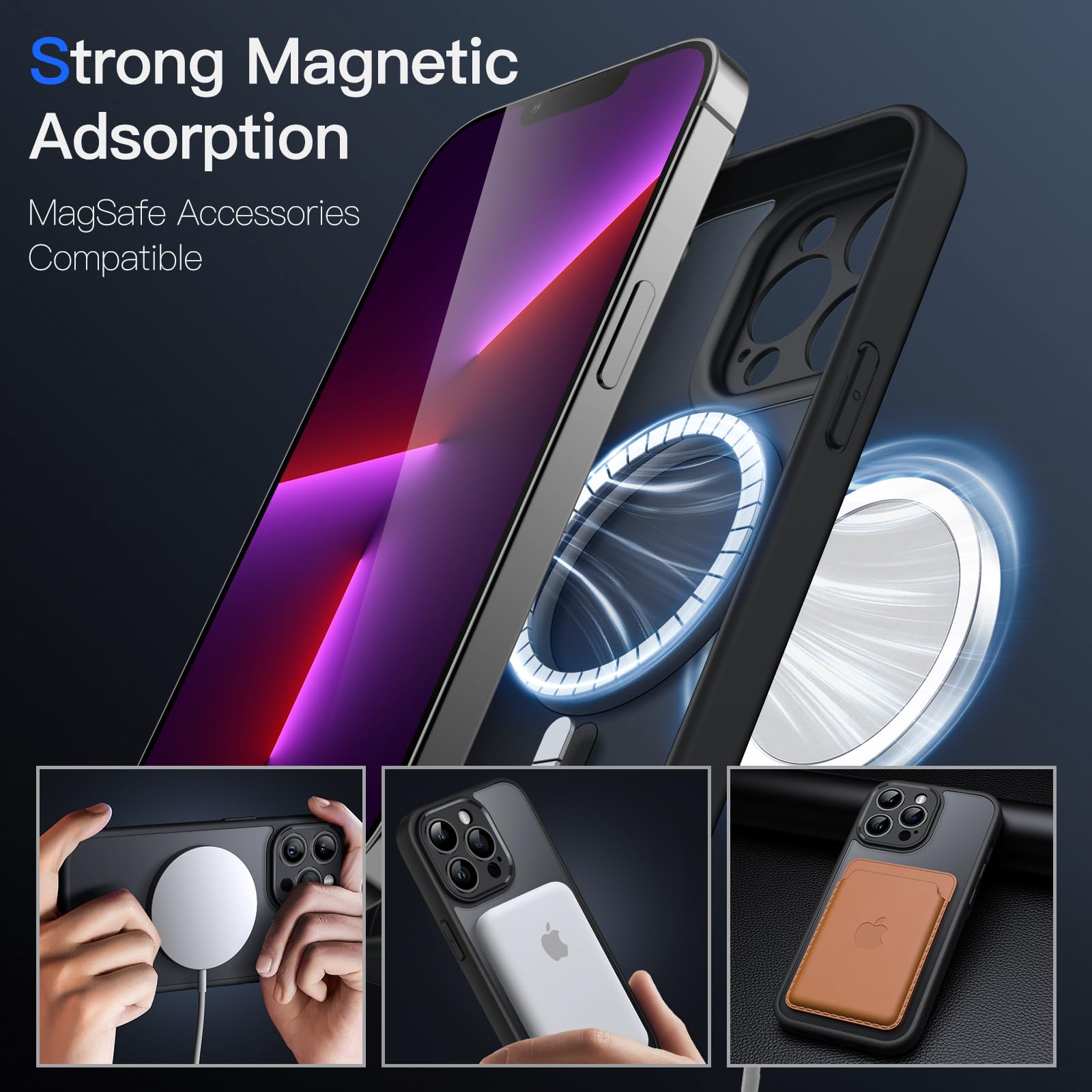 JETech Funda Magnética para iPhone 13 Pro 6.1 Pulgadas Compatible con MagSafe, Carcasa Translúcida Mate Trasera Fina Antigolpes de Protección Lente Cámara Completa (Negro)