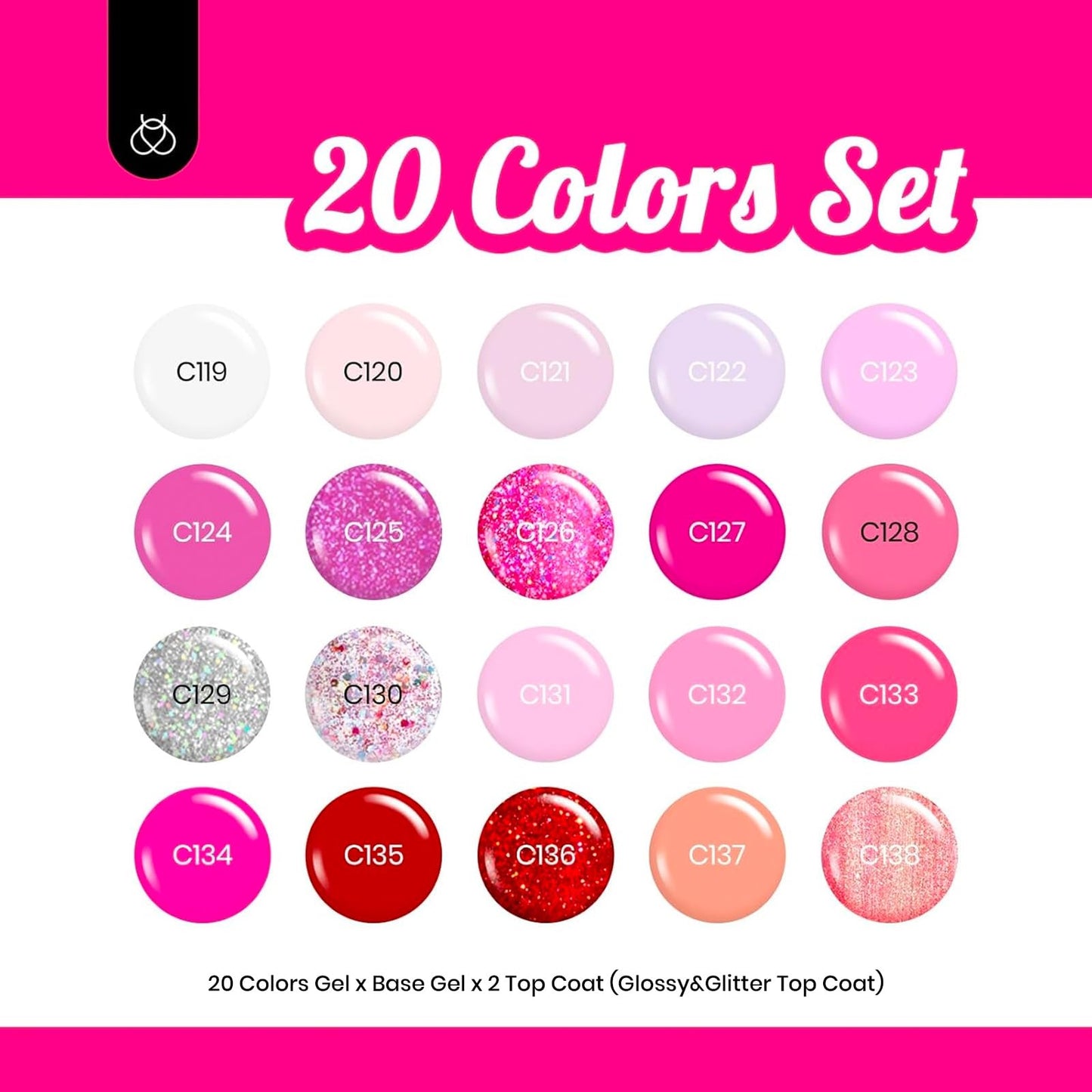 Beetles - Juego de esmalte de uñas en gel rosa, 20 colores, colección Alluring Sweetie, color nude, morado, purpurina, rojo, kit de manicura en gel ultravioleta con base, capa superior brillante y mate, regalo
