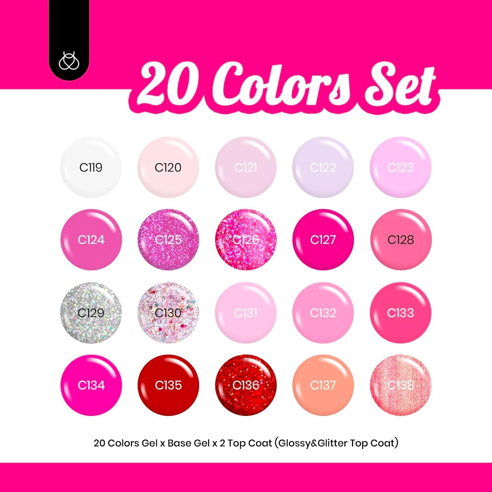 Beetles - Juego de esmalte de uñas en gel rosa, 20 colores, colección Alluring Sweetie, color nude, morado, purpurina, rojo, kit de manicura en gel ultravioleta con base, capa superior brillante y mate, regalo