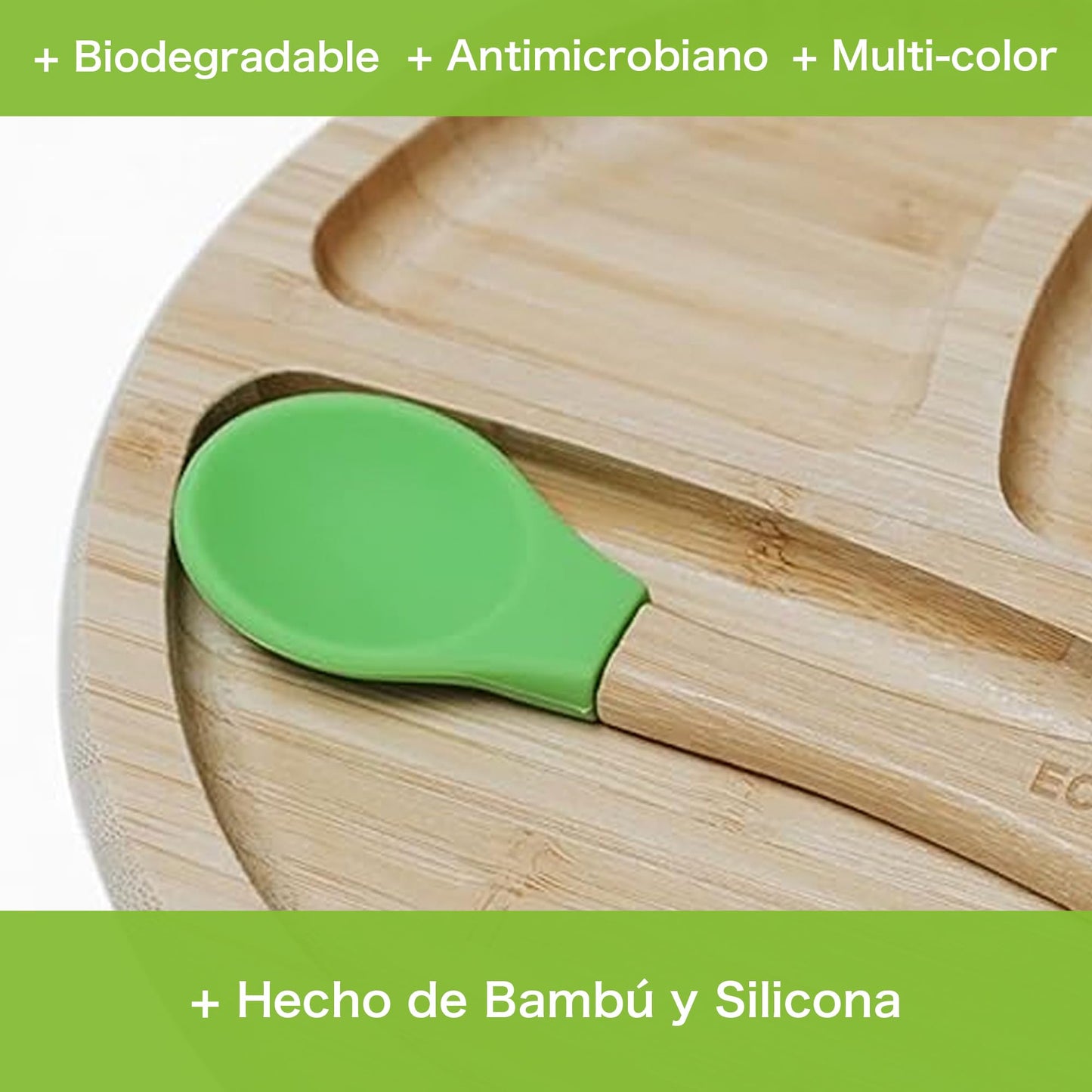 Ecowood Plato Extendido de Bambú con Divisiones para Bebe y Niño Con Base de Silicona Succión Adherente y Antiderrapante - Plato para Bebé y Niño Incluye Cuchara de Bambú Color Verde