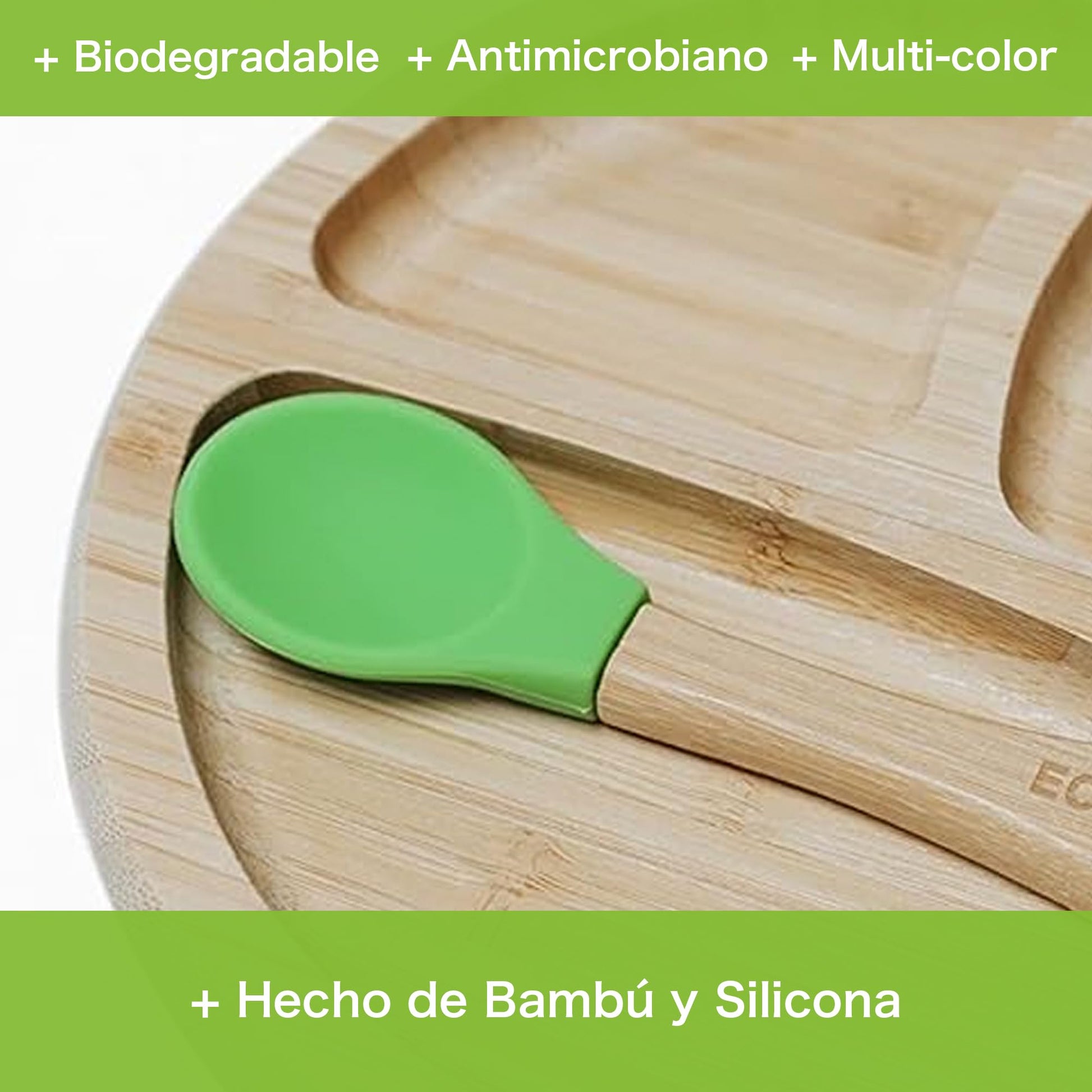 Ecowood Plato Extendido de Bambú con Divisiones para Bebe y Niño Con Base de Silicona Succión Adherente y Antiderrapante - Plato para Bebé y Niño Incluye Cuchara de Bambú Color Verde
