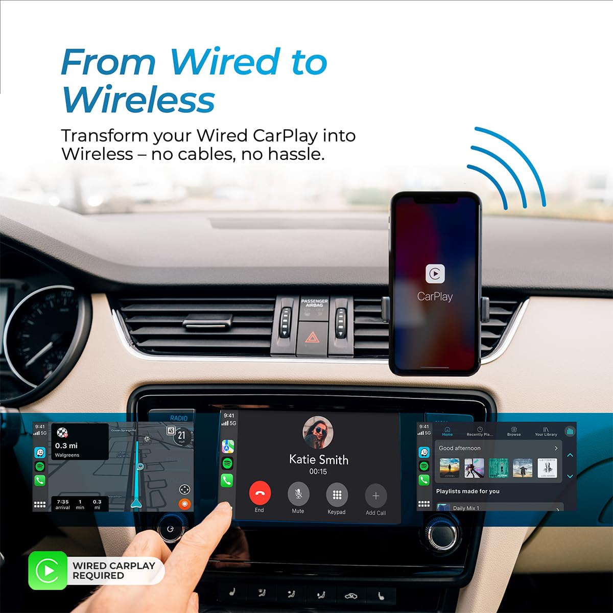 AutoSky Wireless CarPlay Adapter 2023 Pro Edition - Fastest and Most Compact- AutoSky - Factory Wired CarPlay Cars – USB-A and USB-C Cables – Wired CarPlay Required