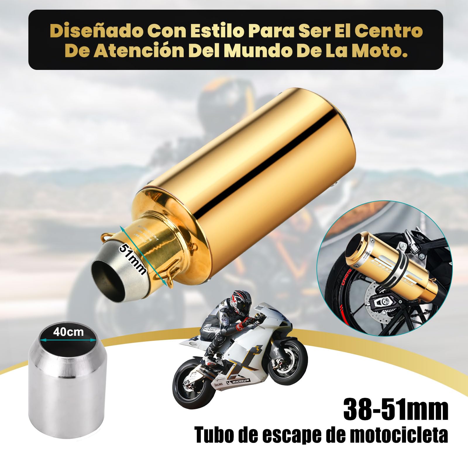Kayoosi Escape de Moto Gold, Tubos de Silenciador de Escape Universal de 51mm, Tubo de Escape de Acero Inoxidable para Motos, Street Bikes, Dirt Bikes, Atvs Y Más, Scooters (Dorado)