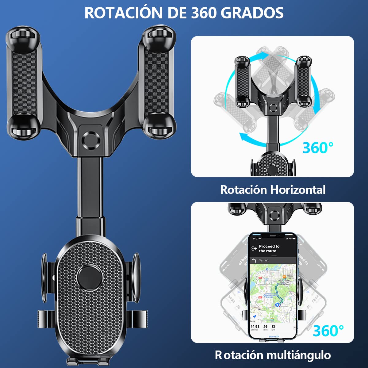 LONGLIV Soporte Celular Auto, Soporte de Teléfono Giratorio y Retráctil de 360°, Multipropó Sito, se Puede Utilizar en los Espejos Retrovisores del Coche, Compatible con iPhone, Xiaomi, Redmi, Huawei