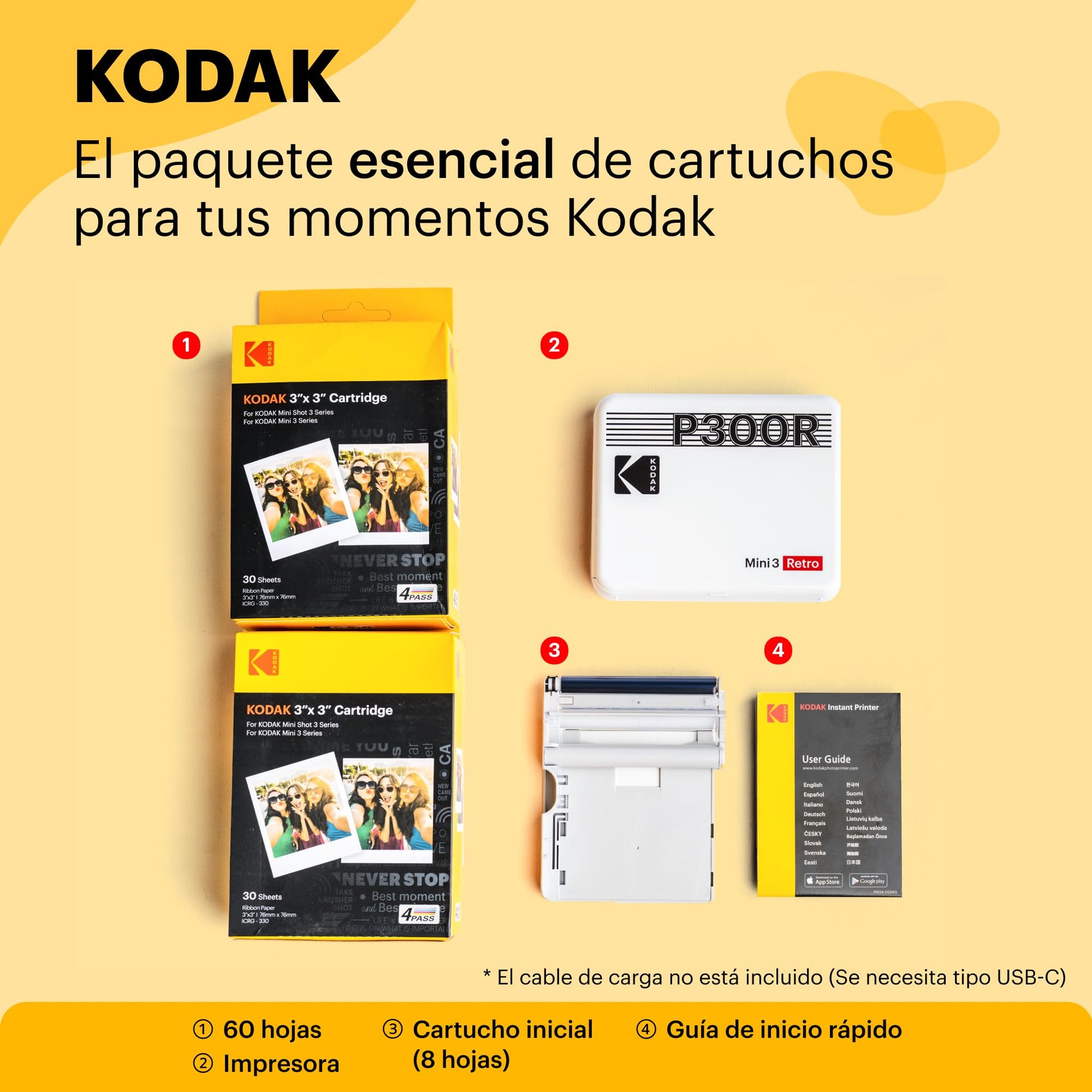 KODAK Mini 3 Retro 4PASS Impresora de Fotos Portátil (7,6x7,6cm) + 8 Hojas, Amarillo