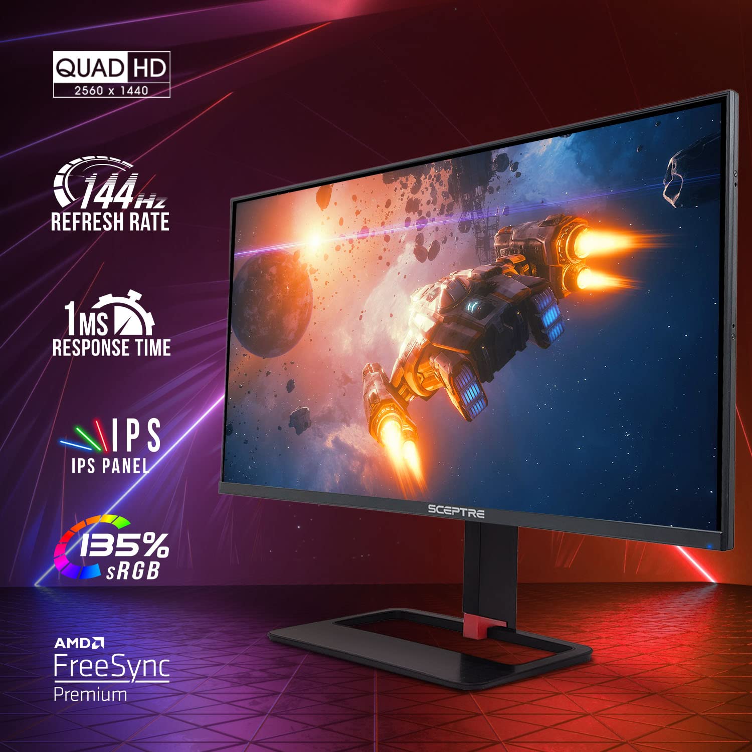 Monitor LED Sceptre Negro Bronce IPS QHD 27 Pulgadas 144 Hz 1 ms Altura Ajustable con Altavoces Integrados