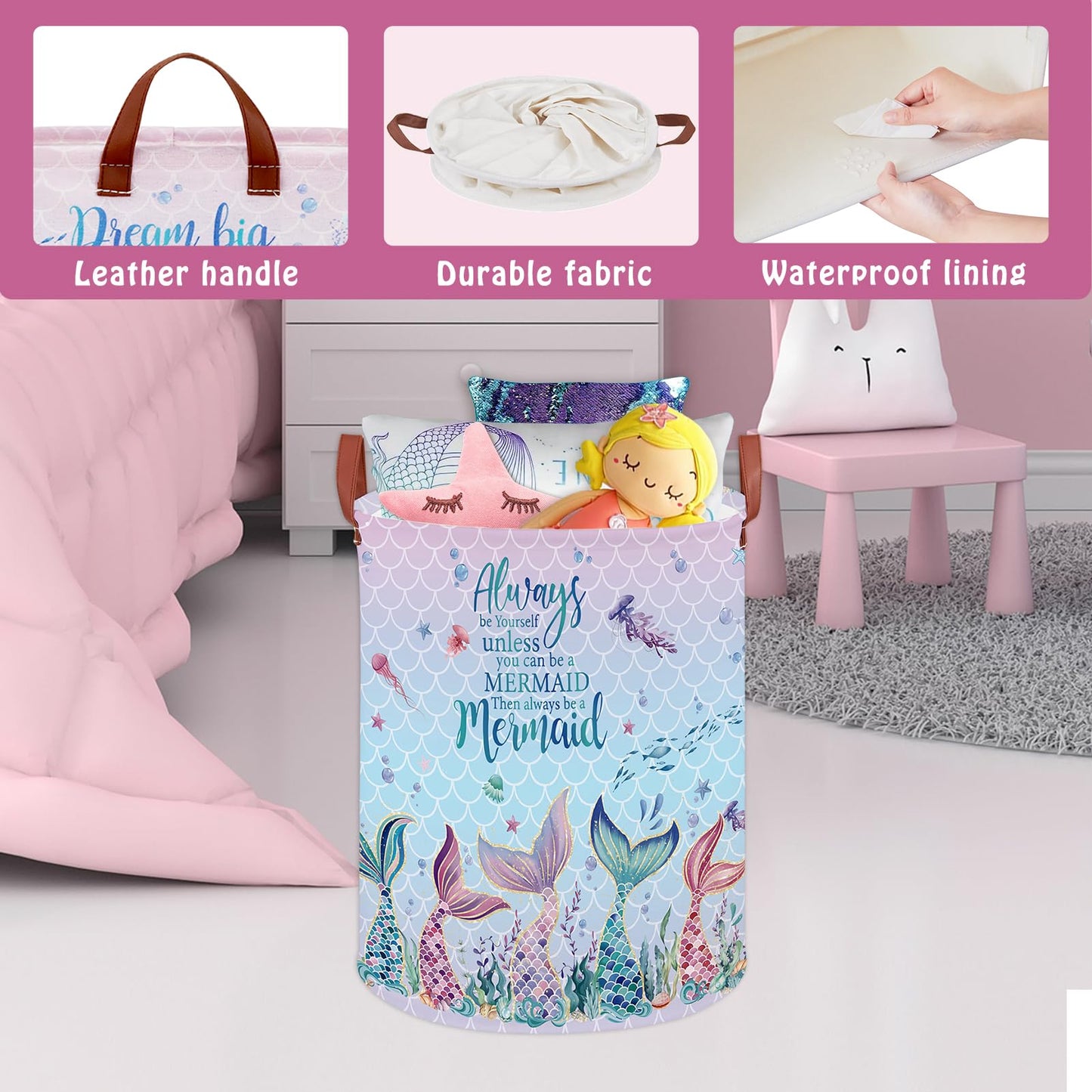 Cesta de lavandería para niños con diseño de sirena, cesta de lavandería para bebés y niñas, con diseño de océano rosa, caja de almacenamiento para ropa bajo el mar, bonita toalla de playa para
