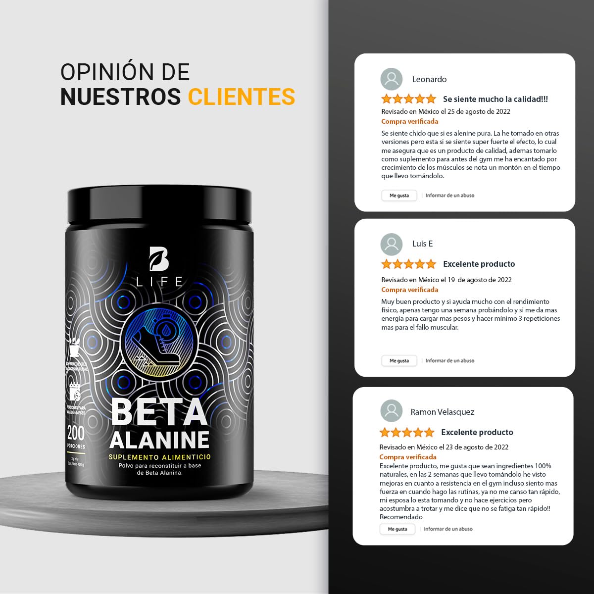 Beta Alanina en polvo 200 Servicios. Ingredientes naturales. Beta Alanine 400 Gramos B Life.