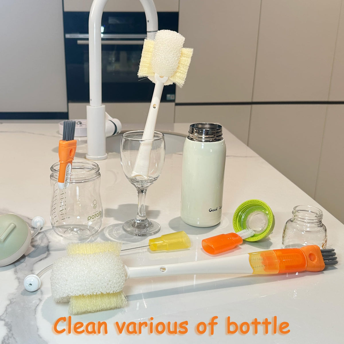 Meruya - Cepillo para botella de agua 5 en 1 multifuncional, detalle para pezón de biberón o tapa de taza, cepillo limpiador de pajitas, juego de 2 unidades