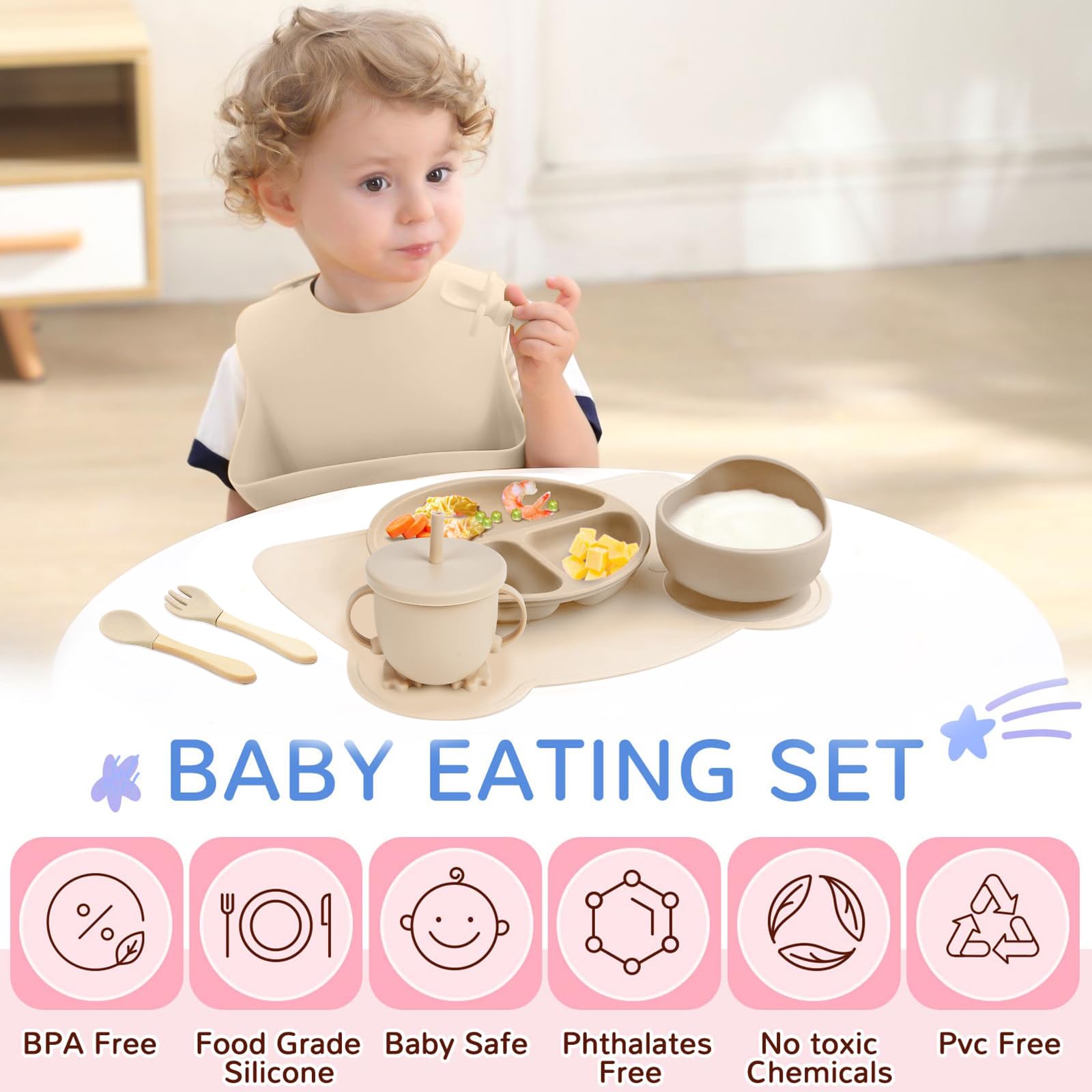 KAREN Platos para bebe silicon,9 Pcs Vajilla para niños de Silicona de Grado Alimenticio, Sin BPA,con pajitas, Cubierta de merienda,Cucharas y tenedores,baberos,Fácil de limpiar (Blanco)
