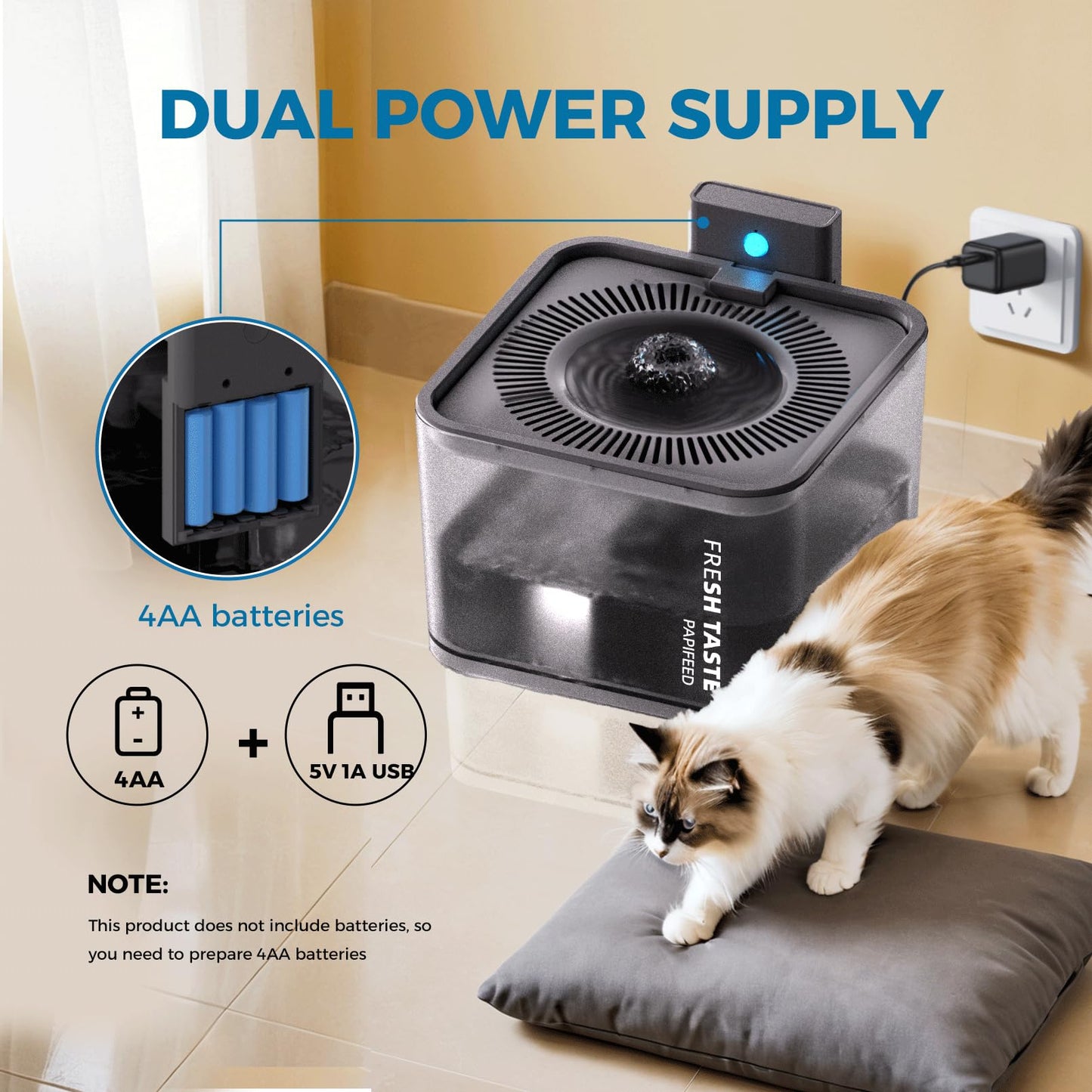 Fuente de Agua Inalámbrica PAPIFEED Blanca con Sensor de Movimiento para Mascotas