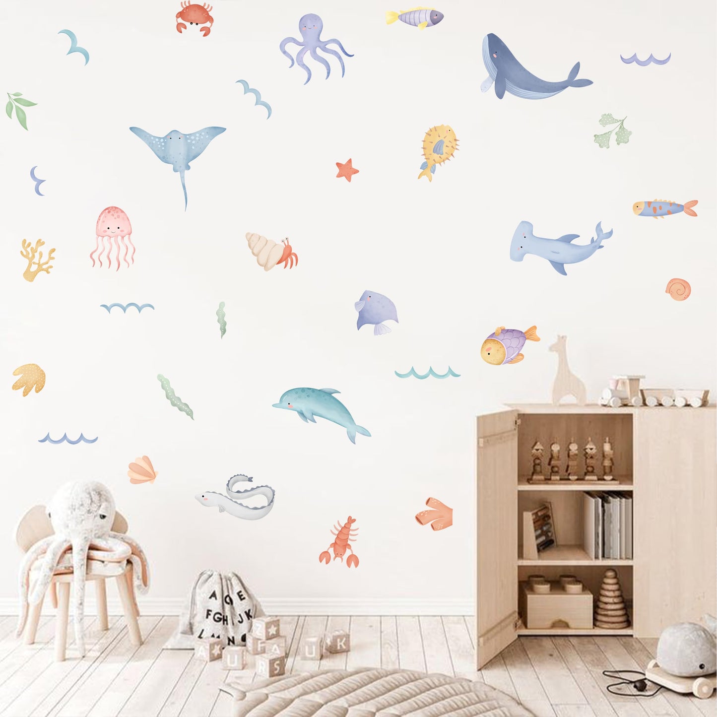 Calcomanía de pared de animales del océano, calcomanías de animales del mundo del mar, vinilo submarino del cuarto de bebé, decoración náutica del cuarto de bebé, pulpo de tortuga de ballena, caballo de mar coral, pelar y pegar (decoración de mar)