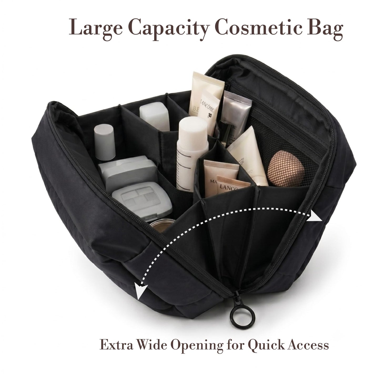 FINEASY - Bolsa de maquillaje para viajes, estuche de cosméticos mediano para mujer, gran capacidad, portátil, con cierre, organizador de cosméticos con compartimentos, Negro, Medium