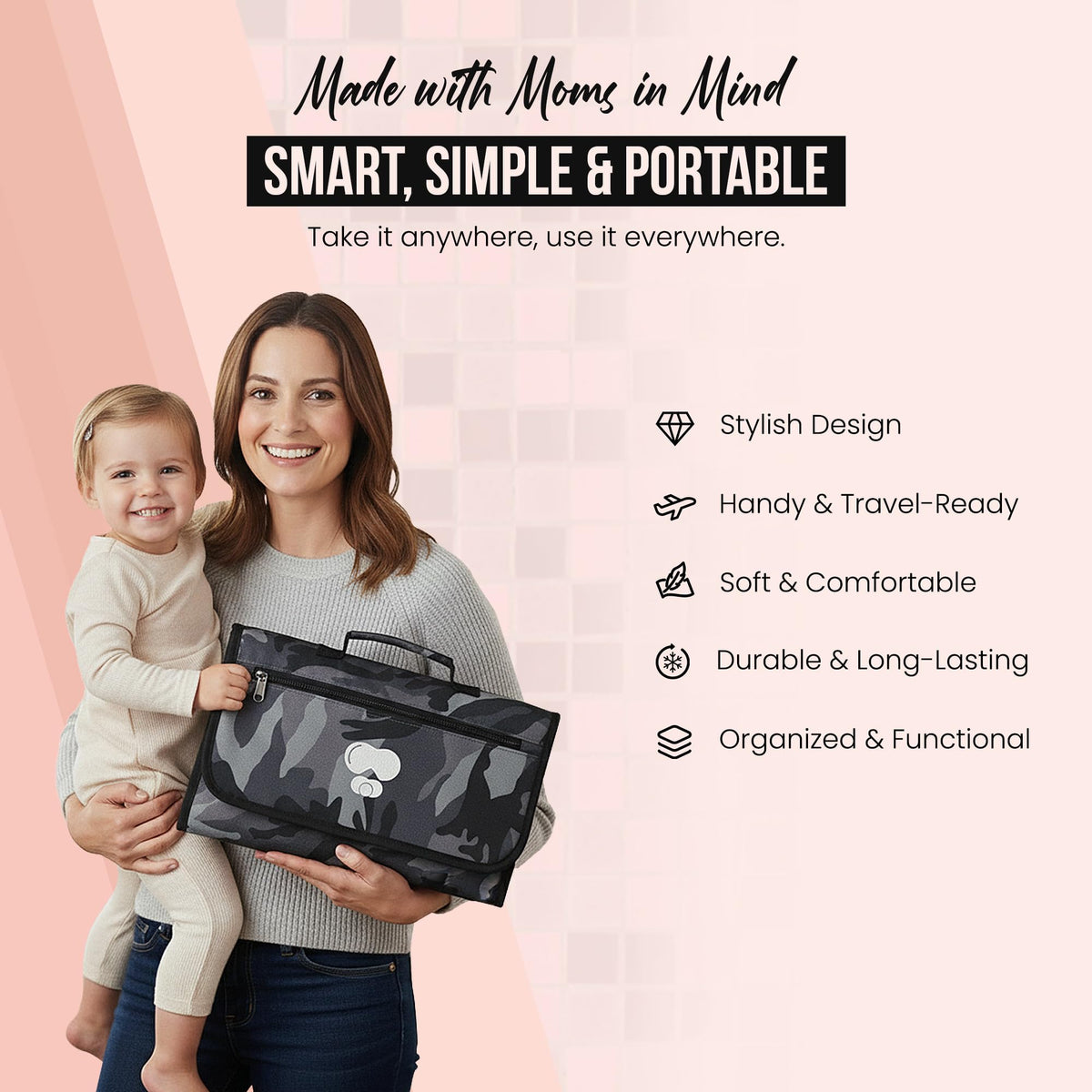 Cambiador portátil de pañales de camuflaje negro y gris, cambiador compacto de bebé para padres diarios y de viaje