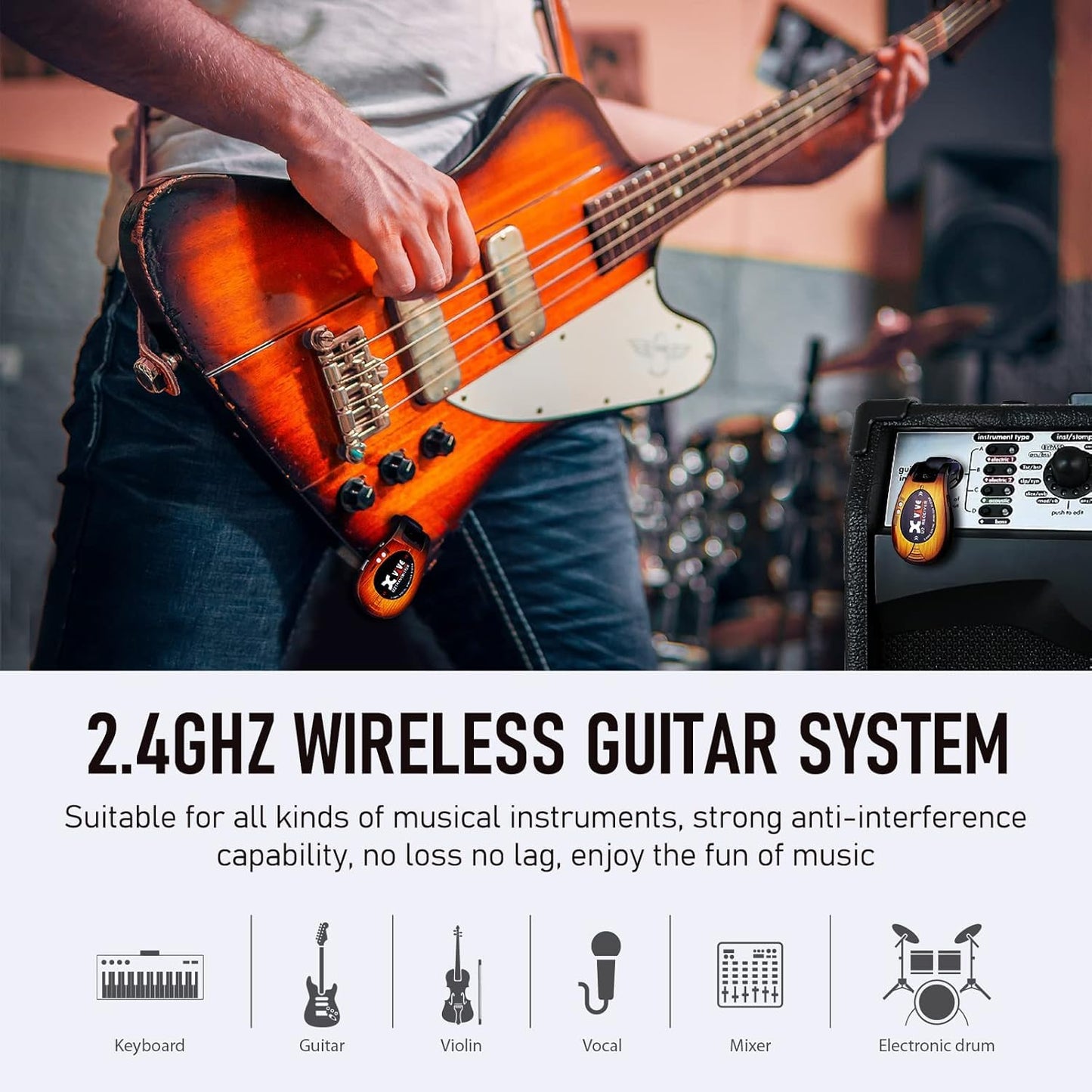 Xvive U2 Sistema de guitarra inalámbrico 3 tonos Sunburst 2.4 GHz Transmisor y receptor para guitarra eléctrica bajo teclado violín