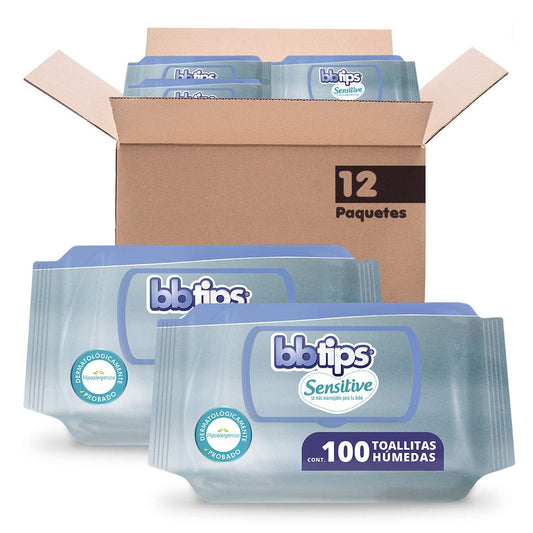 BBtips Sensitive Toallitas Húmedas, Caja con 12 paquetes x 100 piezas, 1200 toallitas