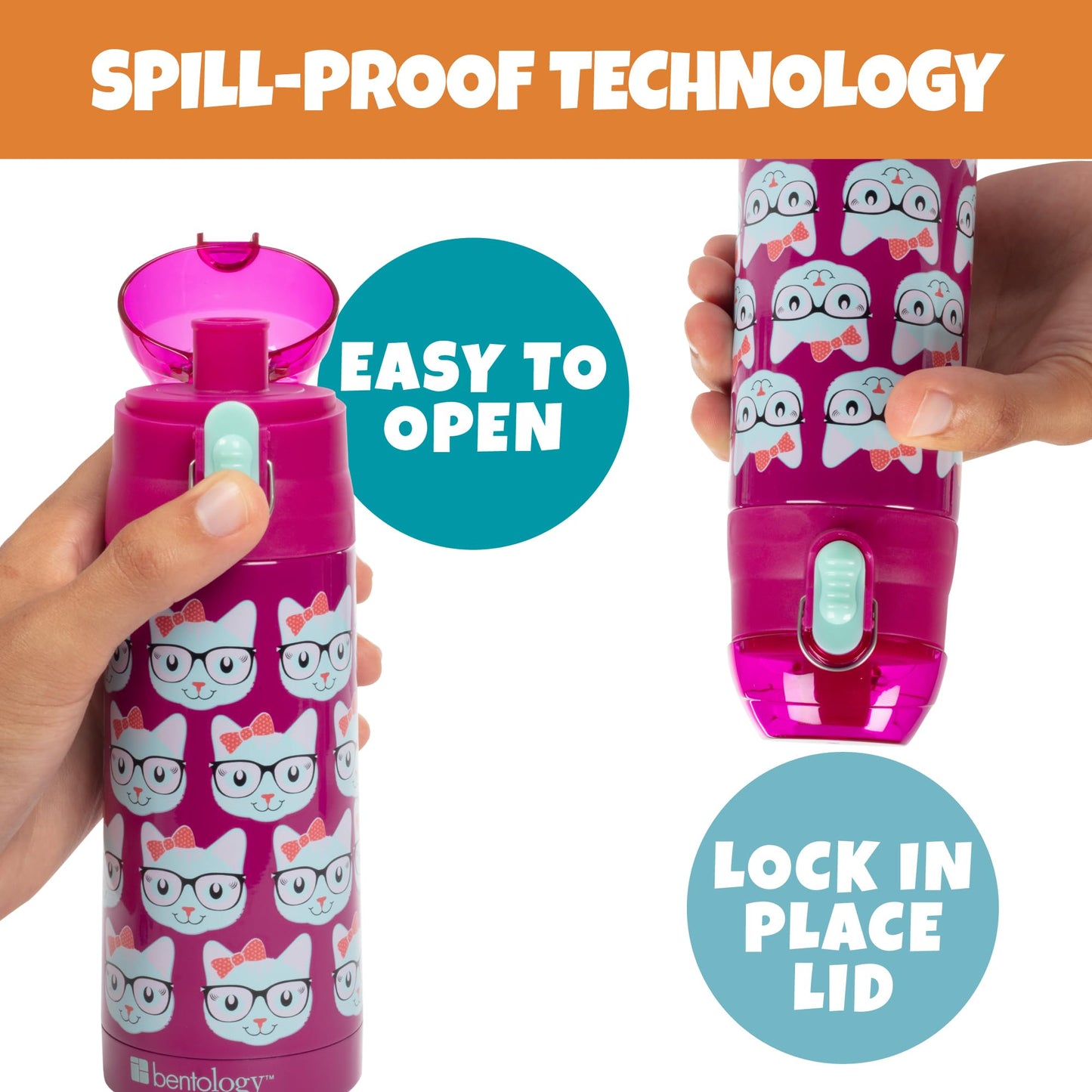 Bentology - Botella de agua aislada de acero inoxidable para niñas, 384 ml, fácil de usar, reutilizable, a prueba de derrames, sin BPA, mantiene el frío por horas, a prueba de fugas, diseño de gatitos
