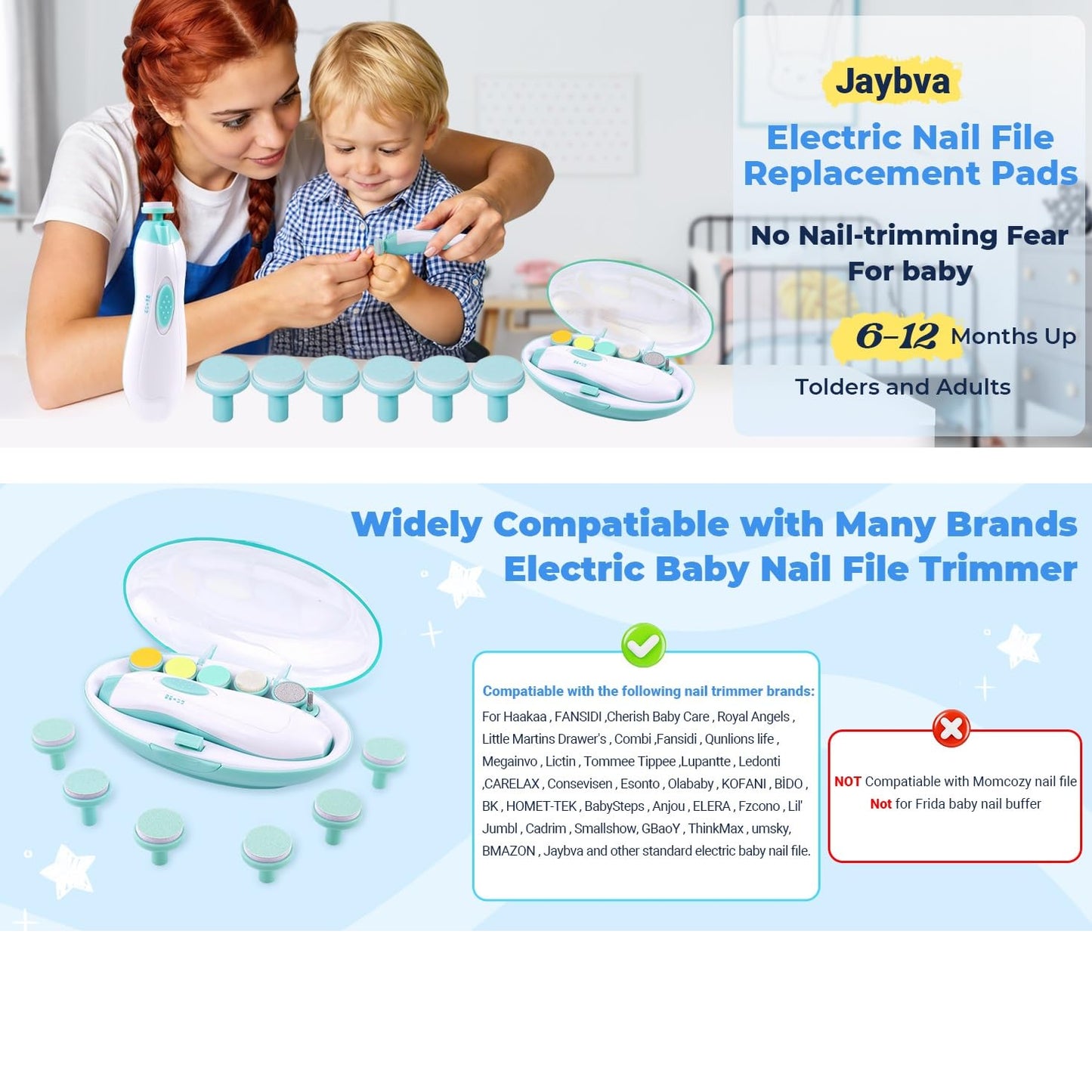 Jaybva - Almohadillas de repuesto para cortaúñas de bebé, 6 cabezales de molienda, disco de pulido para cortaúñas eléctrico y kit de cortador, almohadillas azules para niños de 6 polillas