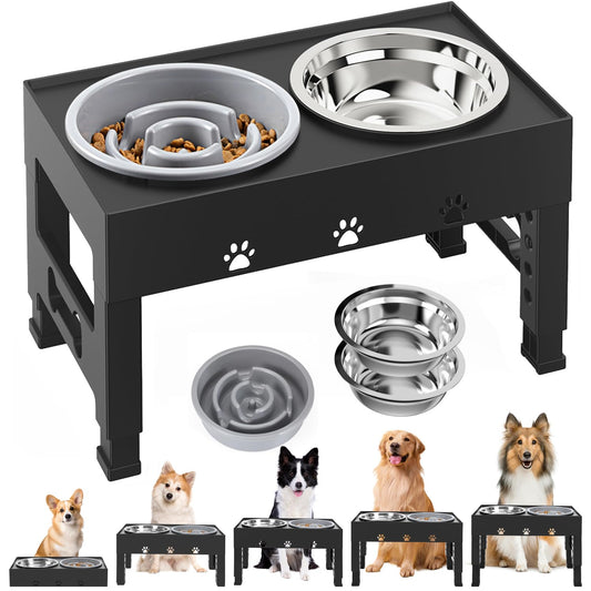 LAKIPETN Cuencos elevados para perros con alimentador lento y 2 cuencos de acero inoxidable, soporte elevado ajustable de 5 alturas, comedero antideslizante para perros que se ajusta a