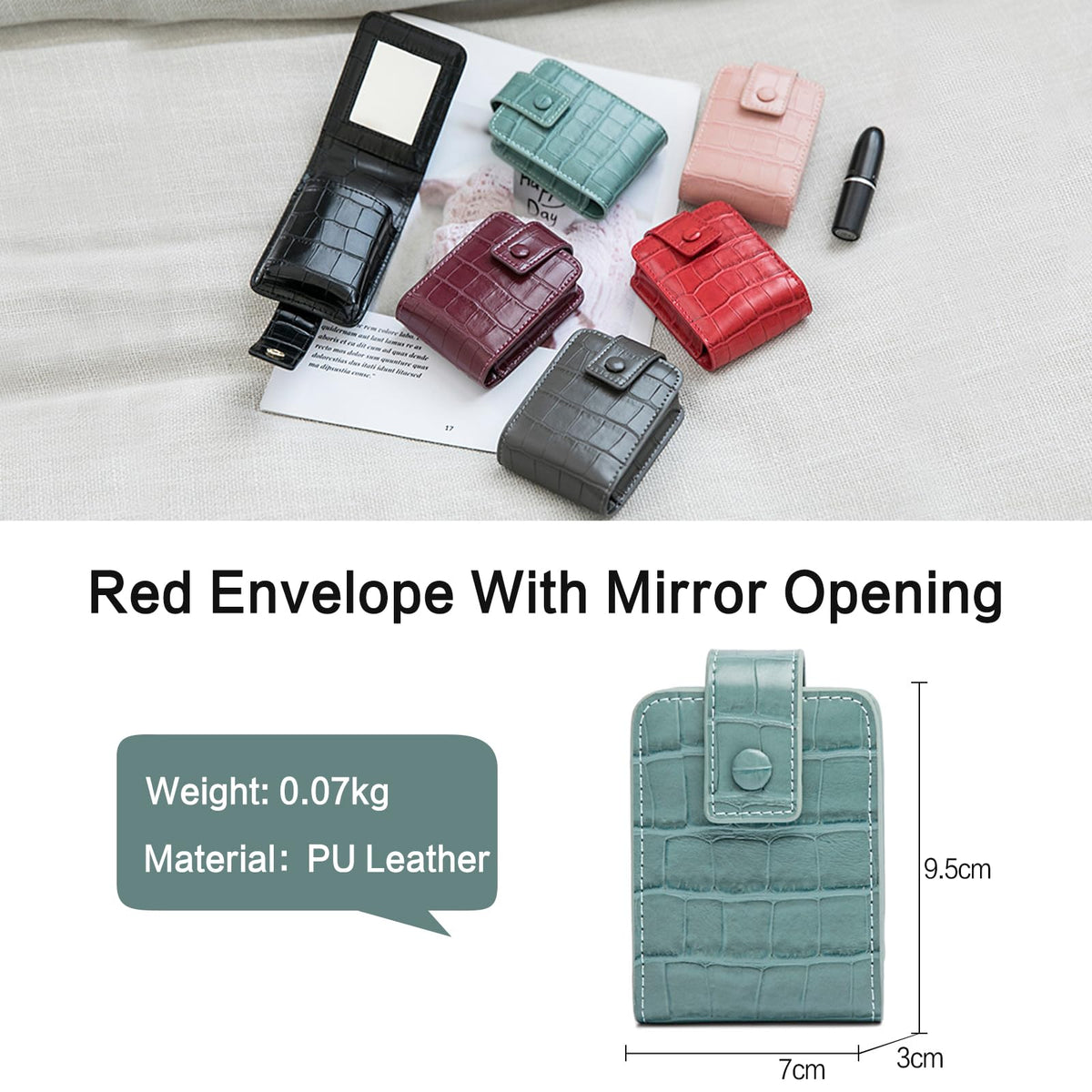 PORRASSO Estuche para Lápiz Labial con Espejo Estuche para Pintalabios Mini Bolsa de Maquillaje Portátil Almacenamiento PU Bolsa de Cosméticos Verde