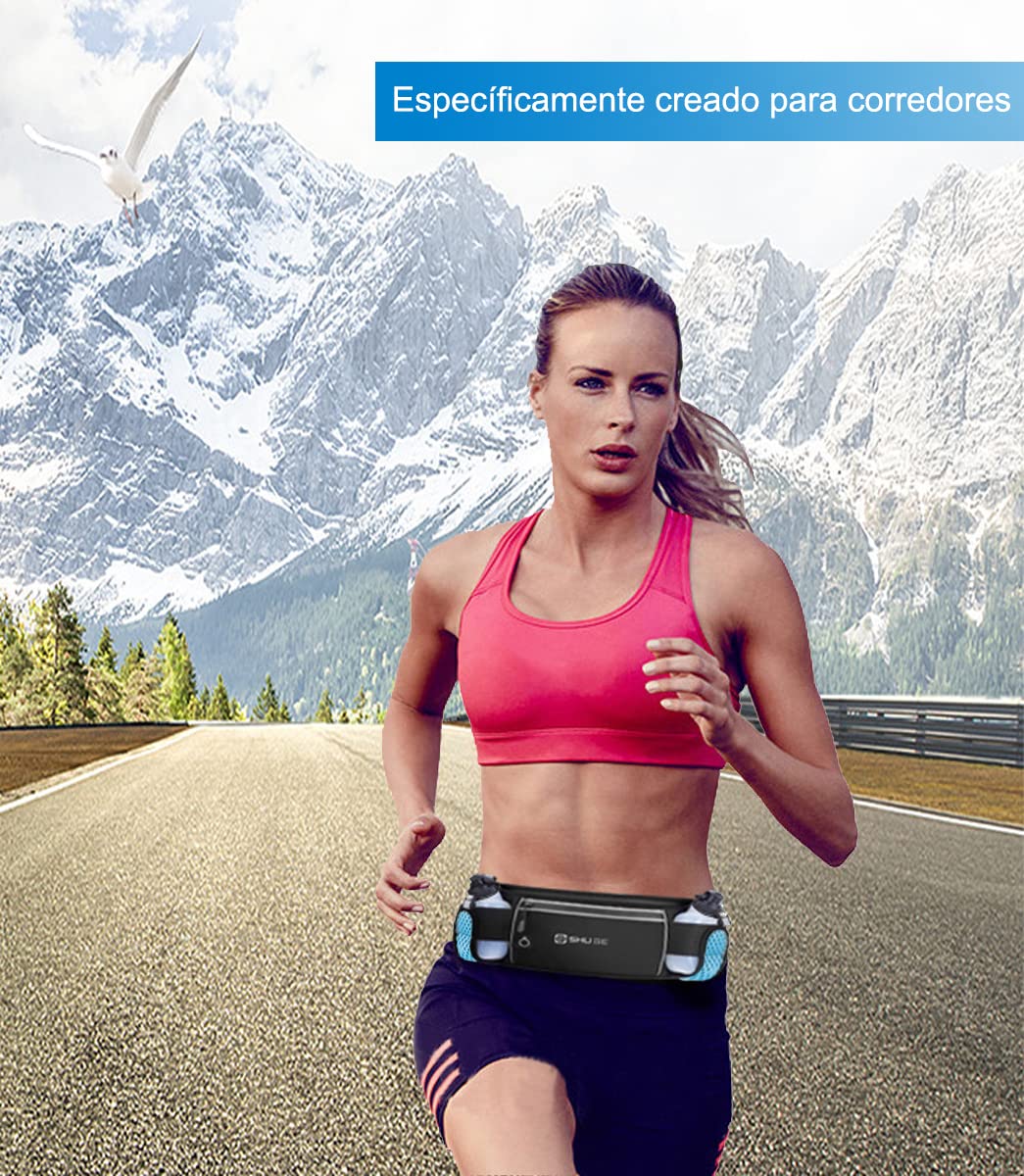 Cangurera Deportiva con Botellas de Agua Azul para Maratón y Correr