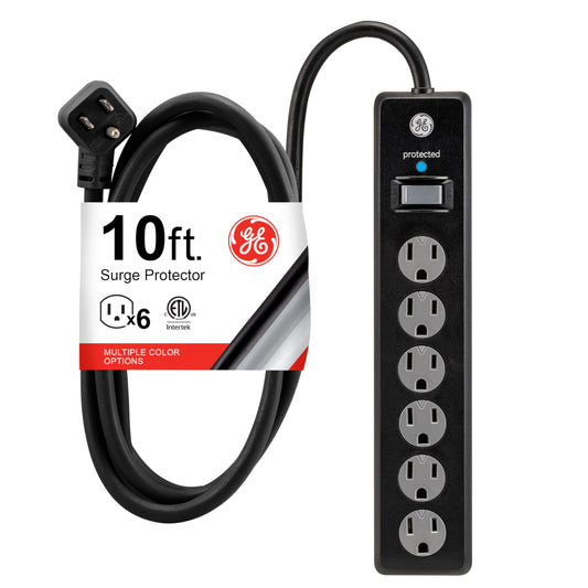 GE Tira Multicontactos De 6 Salidas Con Supresor De Picos Y Enchufe Plano, Cable De Extensión De 3.0 Metros (10 Pies), 600 Julios, Cubiertas De Seguridad Con Giro Para Cerrar, Negro, 1 Unidad, 37442